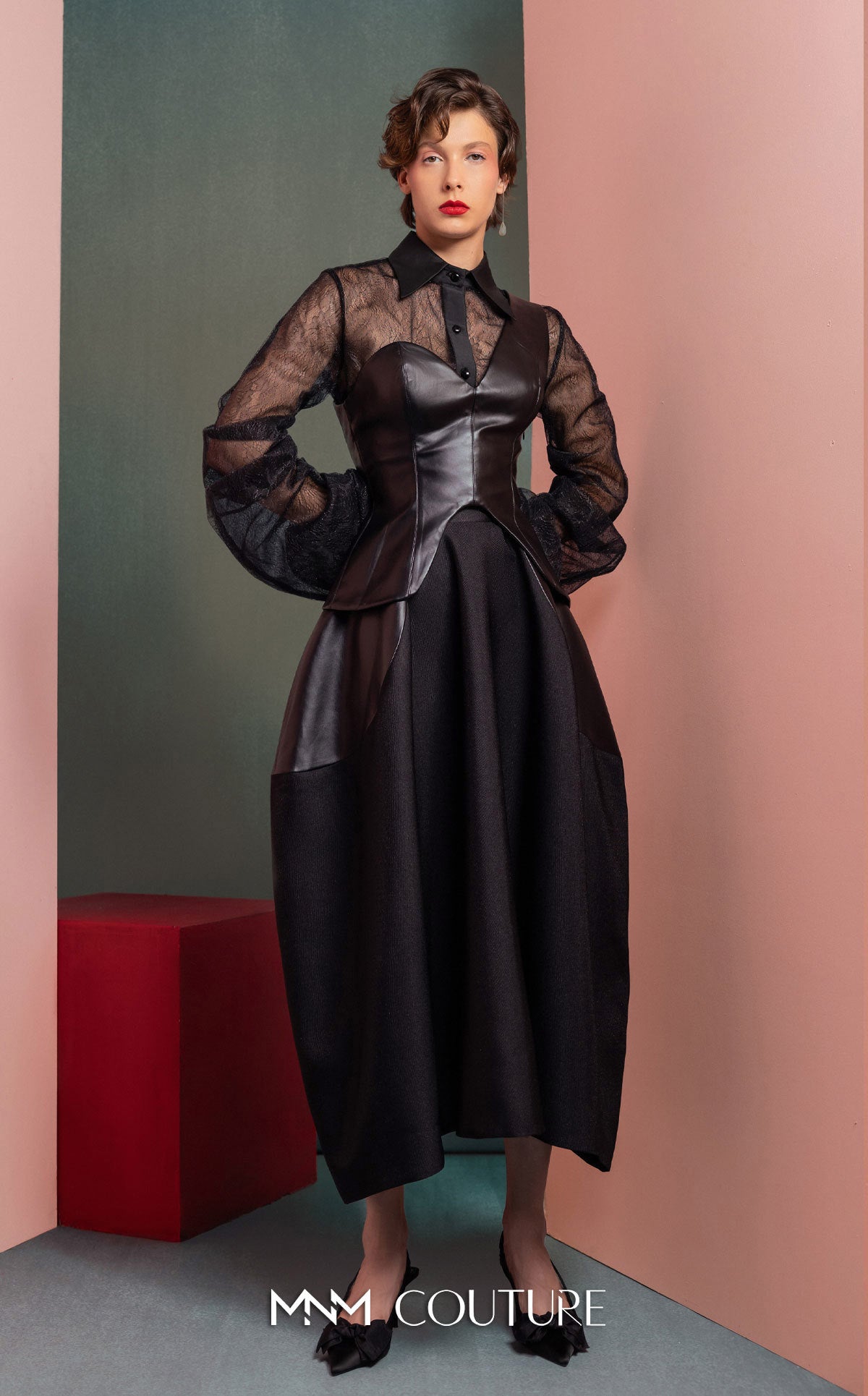 Collared Long Sleeve Leather Cocktail Dress by MNM Couture GOF2520 in Black