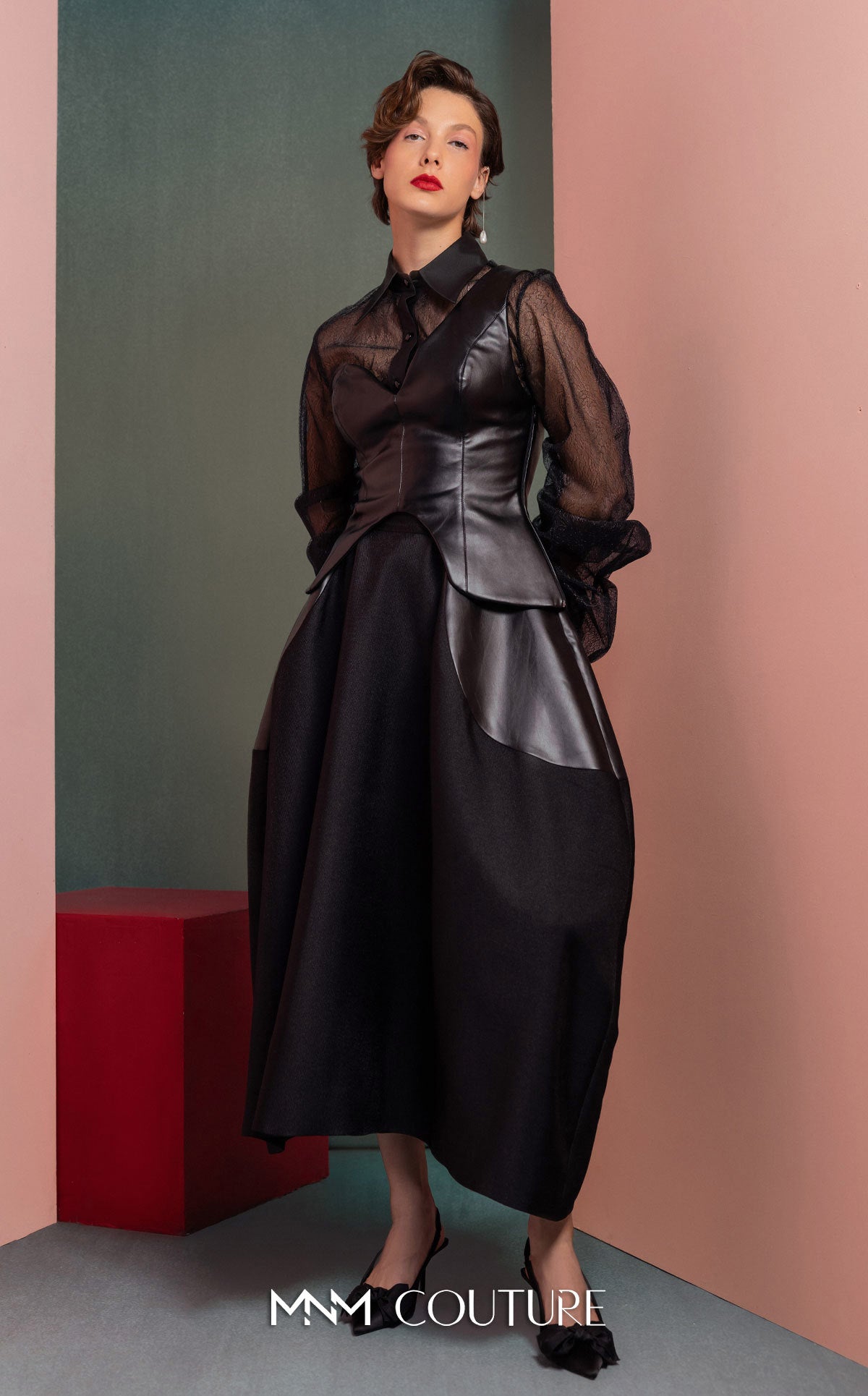 Collared Long Sleeve Leather Cocktail Dress by MNM Couture GOF2520 in Black