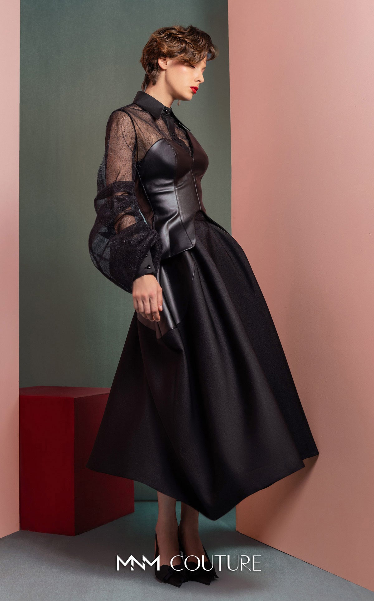 Collared Long Sleeve Leather Cocktail Dress by MNM Couture GOF2520 in Black