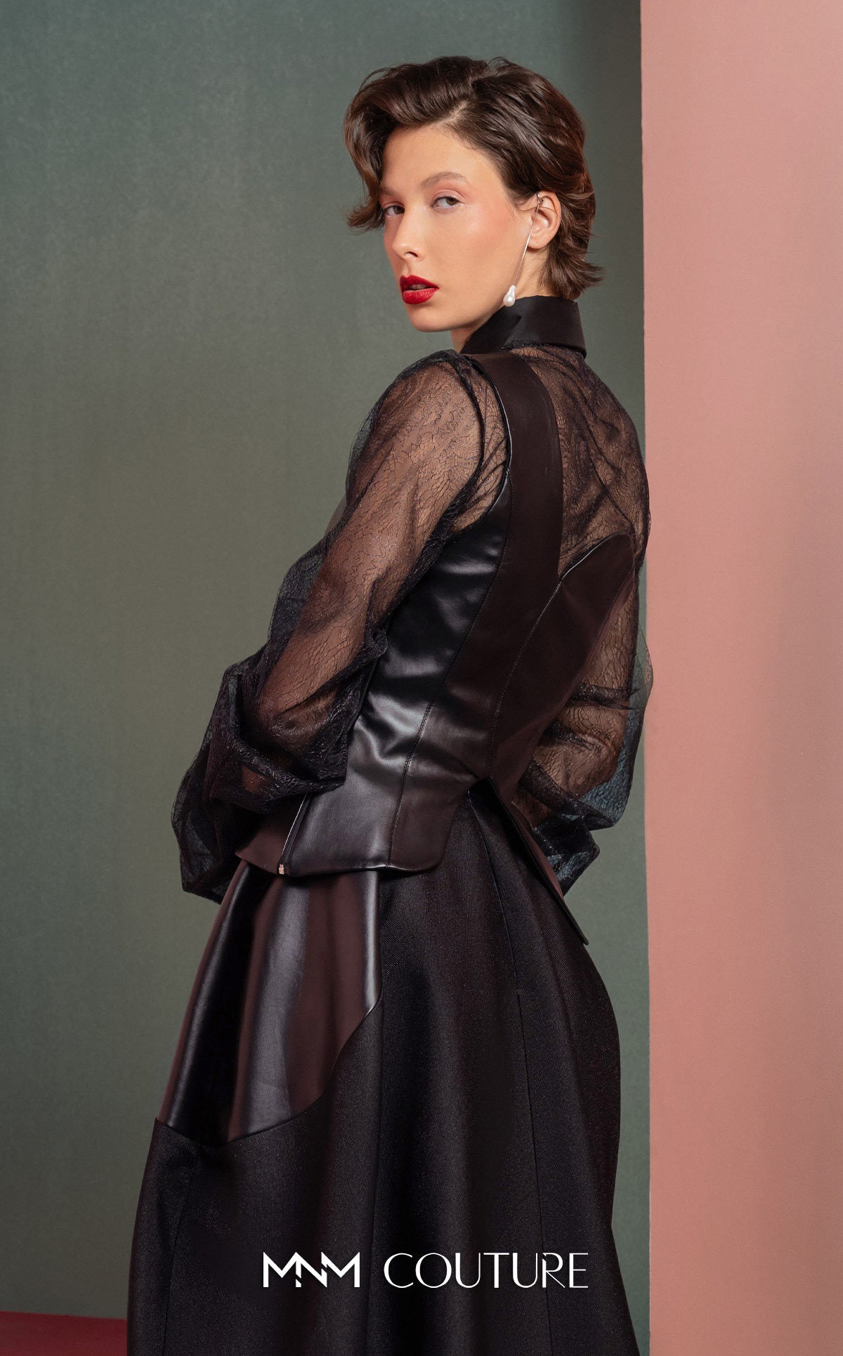 Collared Long Sleeve Leather Cocktail Dress by MNM Couture GOF2520 in Black