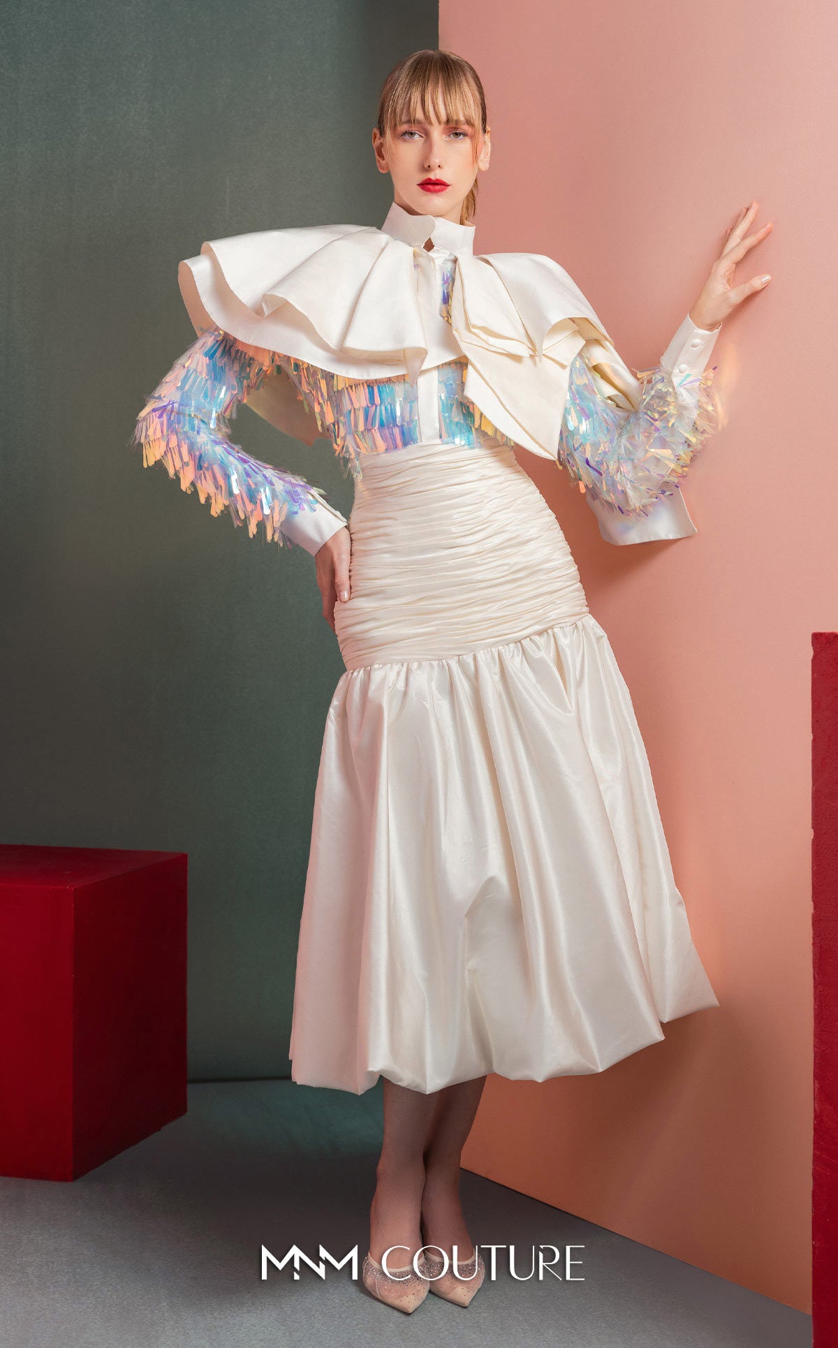 High Neck Midi Satin Cocktail Dress by MNM Couture GOF2521 in Off White