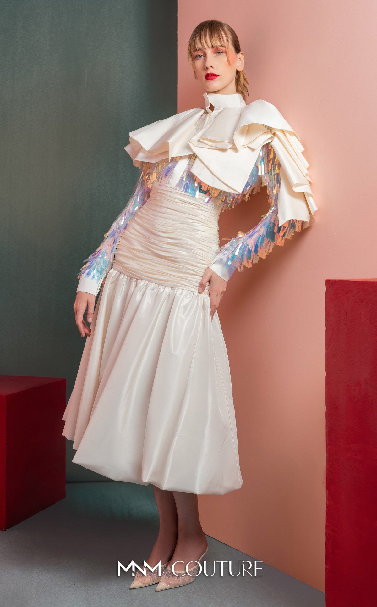 High Neck Midi Satin Cocktail Dress by MNM Couture GOF2521 in Off White