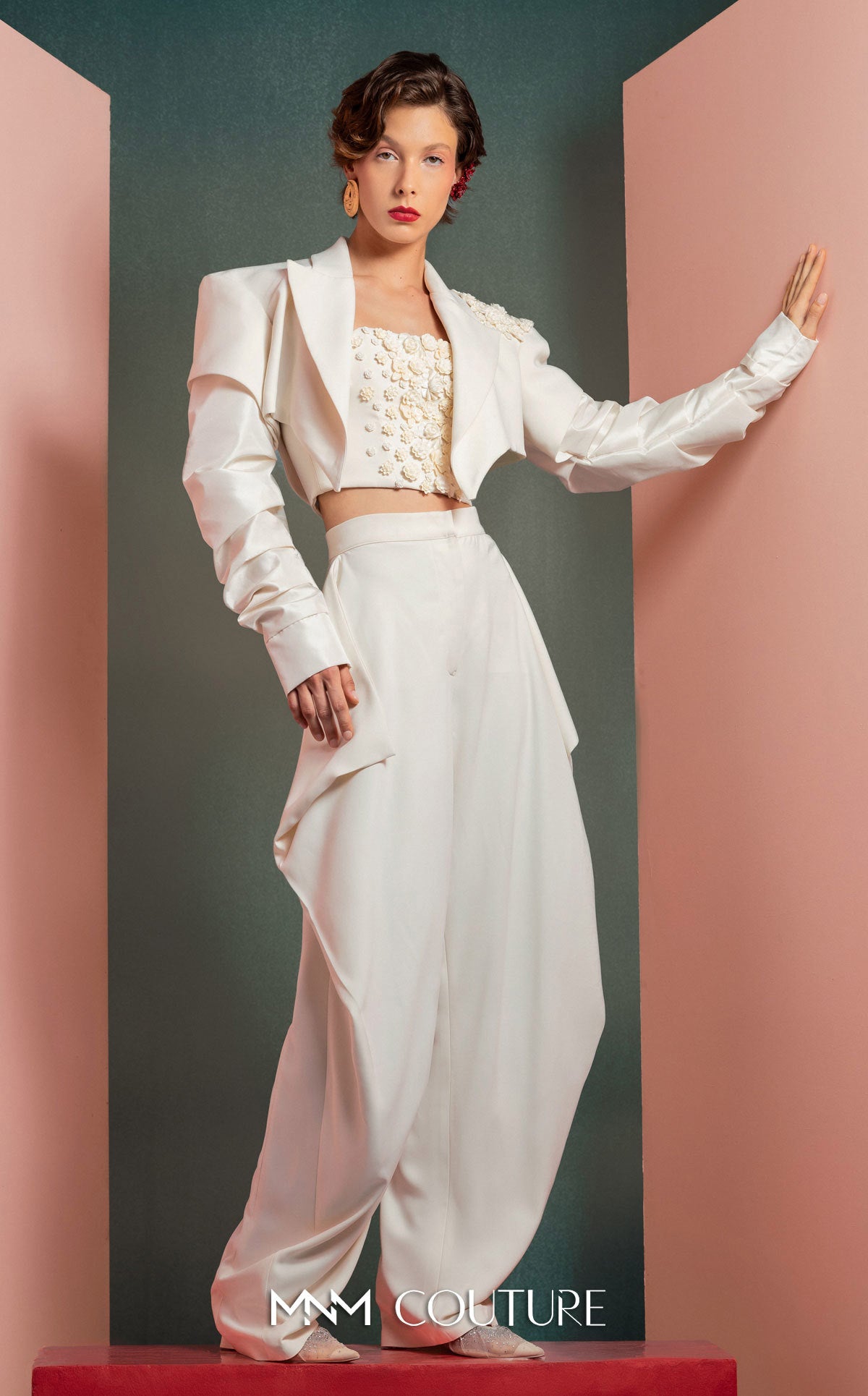 Notched Long Satin Pant Suit by MNM Couture GOF2522 in Off White