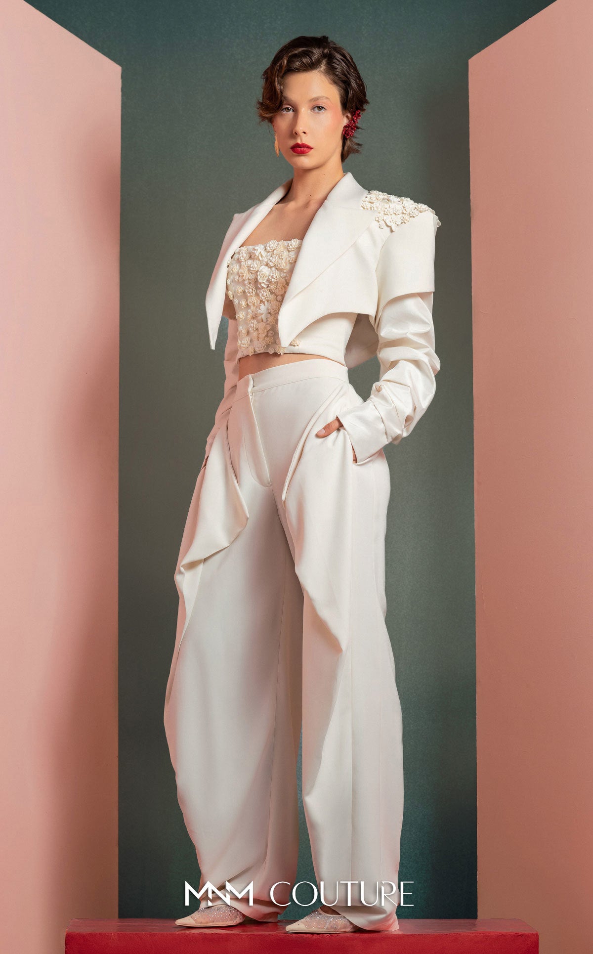 Notched Long Satin Pant Suit by MNM Couture GOF2522 in Off White