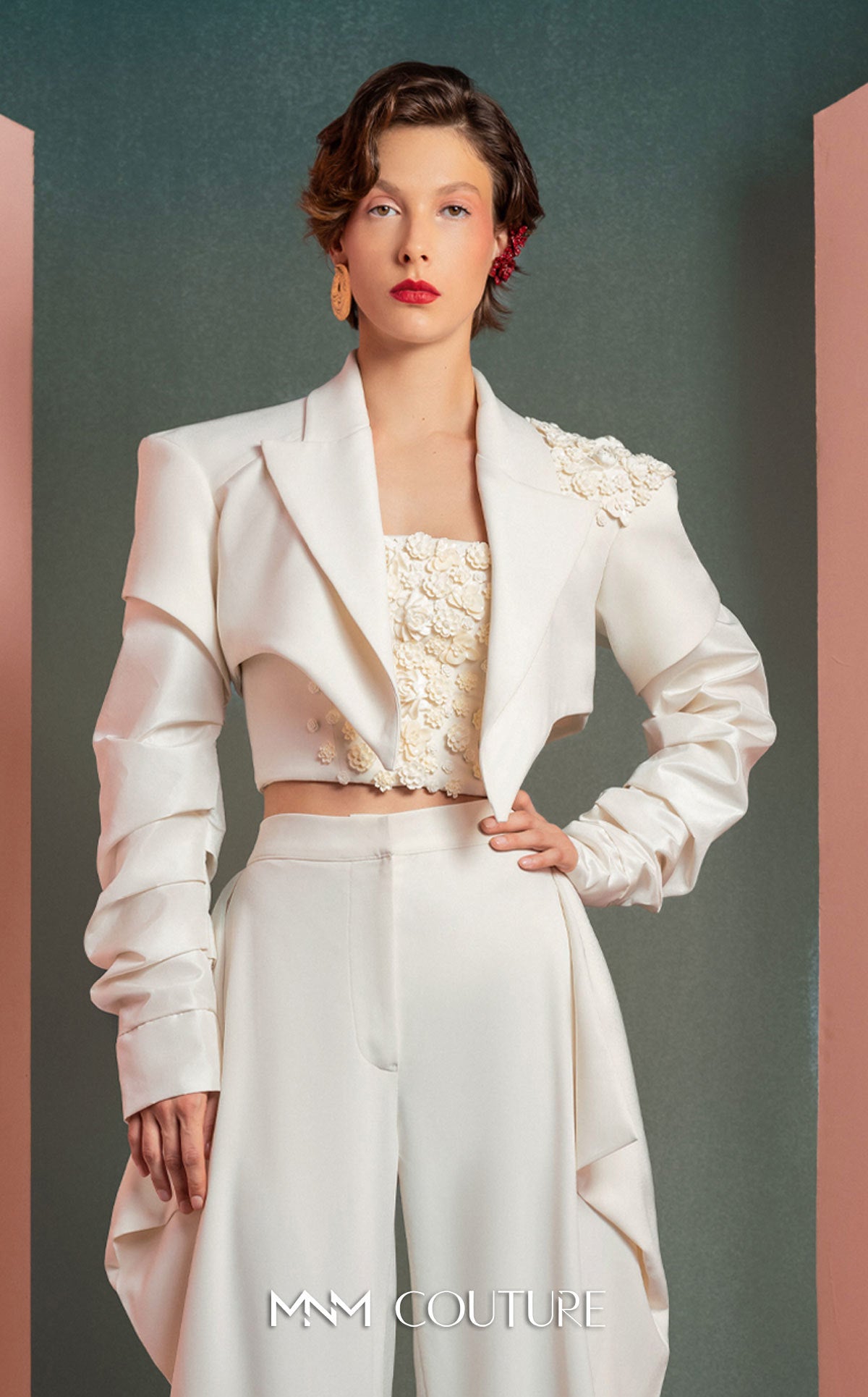 Notched Long Satin Pant Suit by MNM Couture GOF2522 in Off White