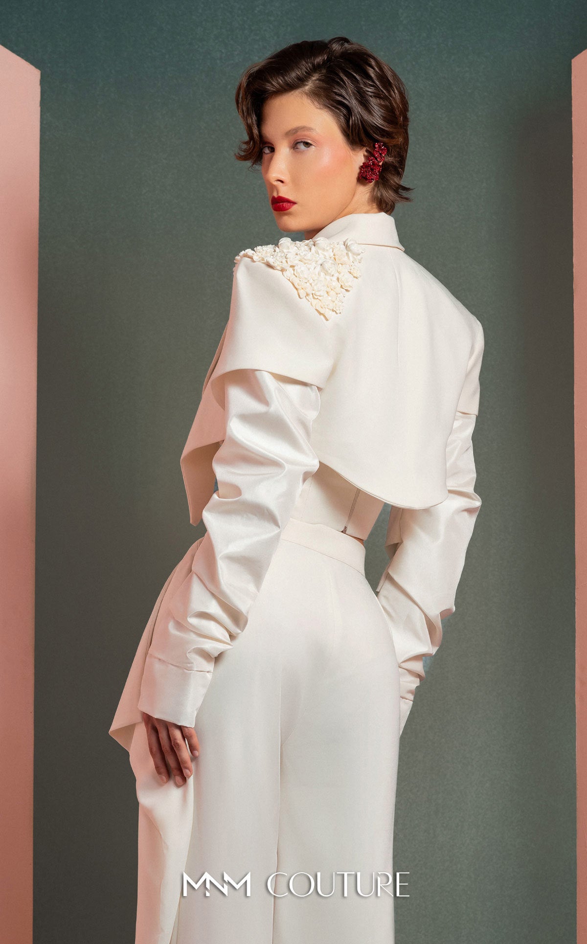 Notched Long Satin Pant Suit by MNM Couture GOF2522 in Off White