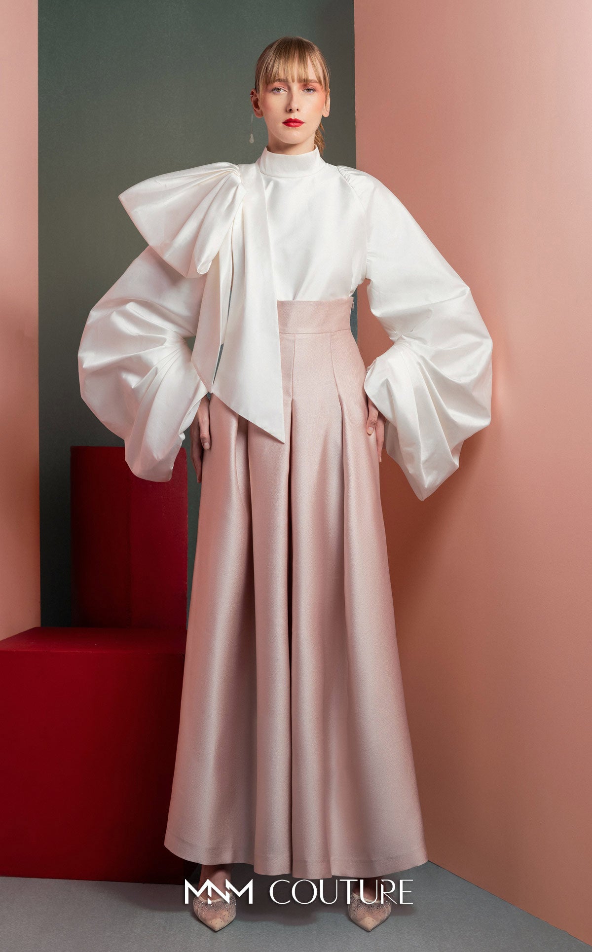 High Neck Long Sleeve Satin Pant Suit by MNM Couture GOF2523 in Pink/White