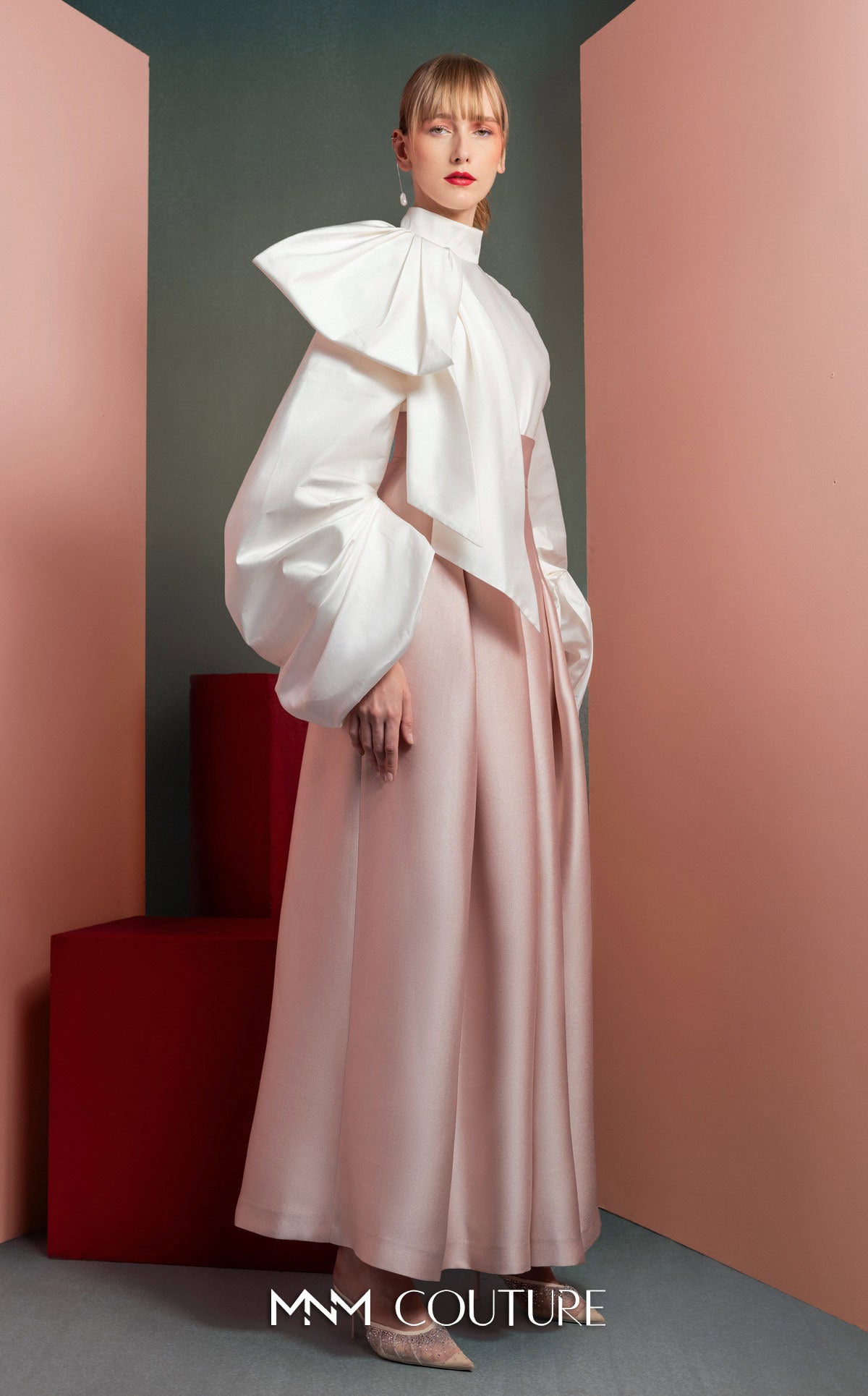 High Neck Long Sleeve Satin Pant Suit by MNM Couture GOF2523 in Pink/White