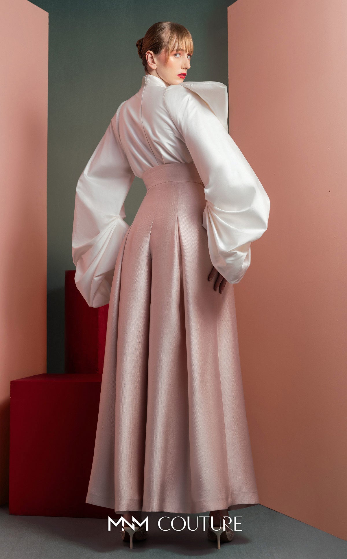 High Neck Long Sleeve Satin Pant Suit by MNM Couture GOF2523 in Pink/White