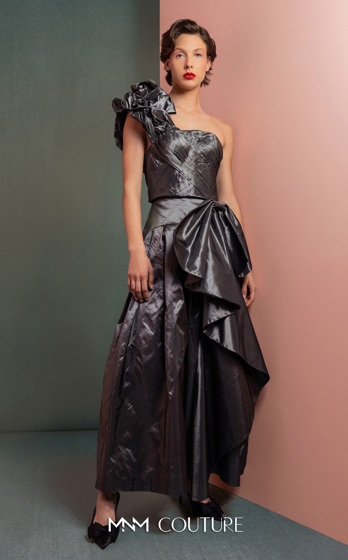 Formal Dresses Two Piece Long Metallic Formal Ruffle Dress MNM Couture GOF2524 Antrasit