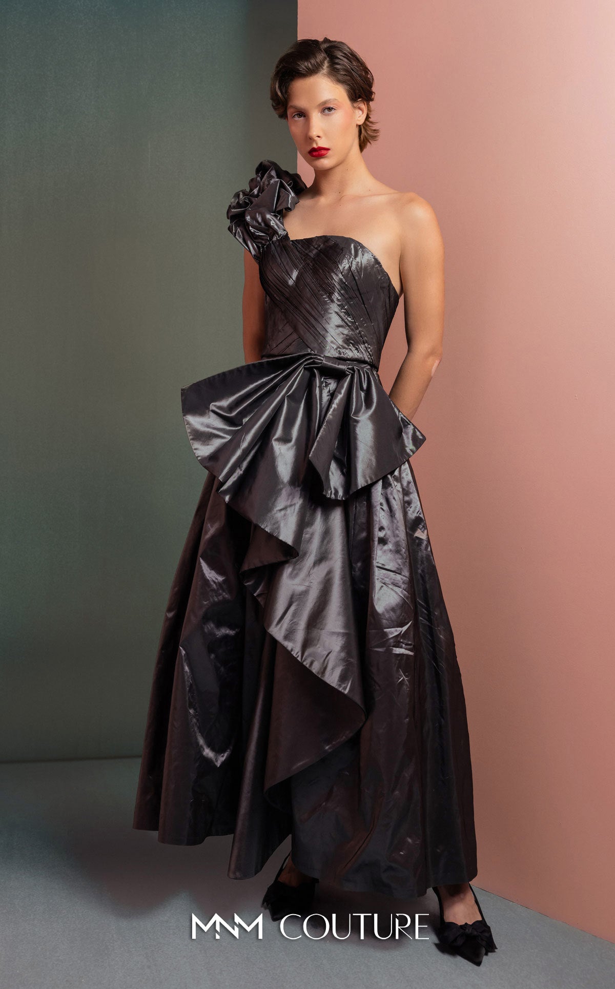 Formal Dresses Two Piece Long Metallic Formal Ruffle Dress MNM Couture GOF2524 Antrasit