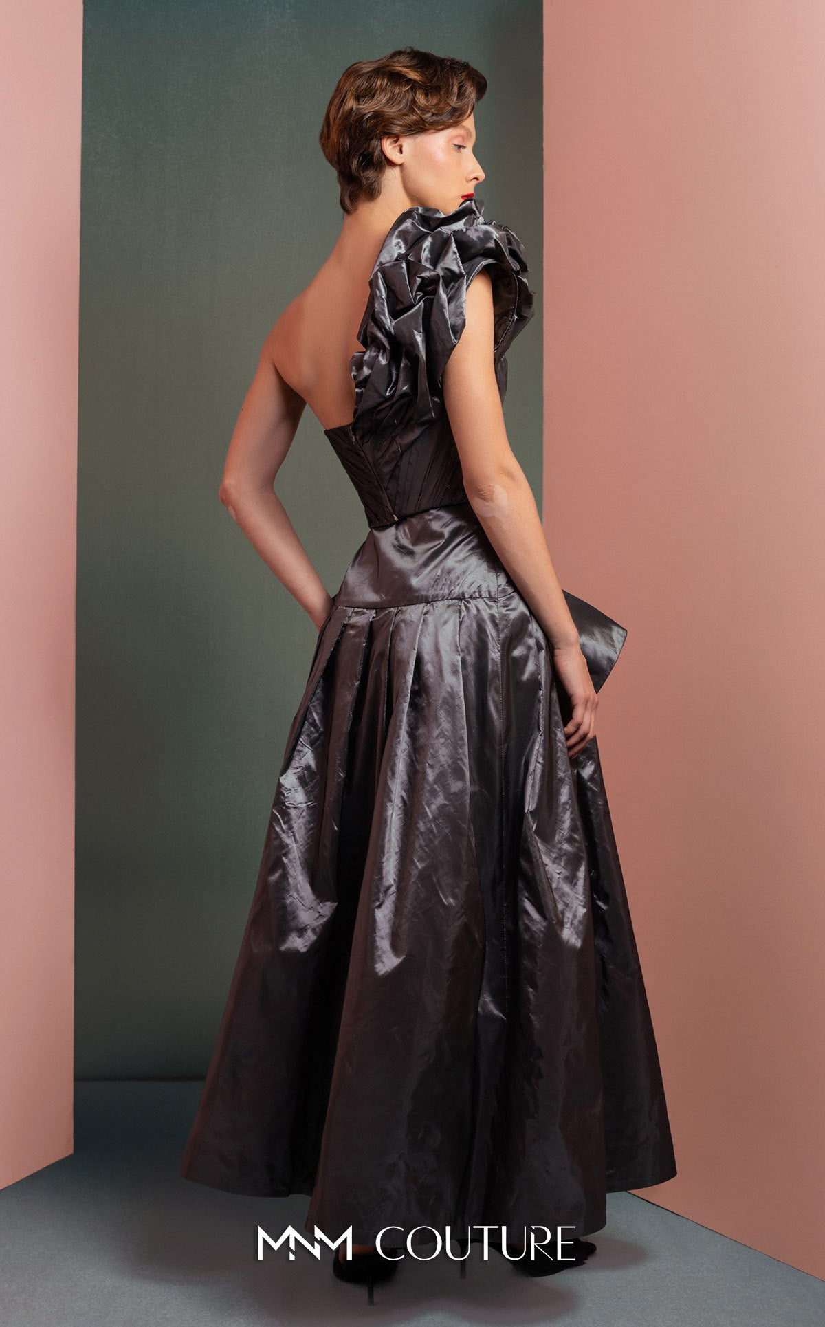 Formal Dresses Two Piece Long Metallic Formal Ruffle Dress MNM Couture GOF2524 Antrasit