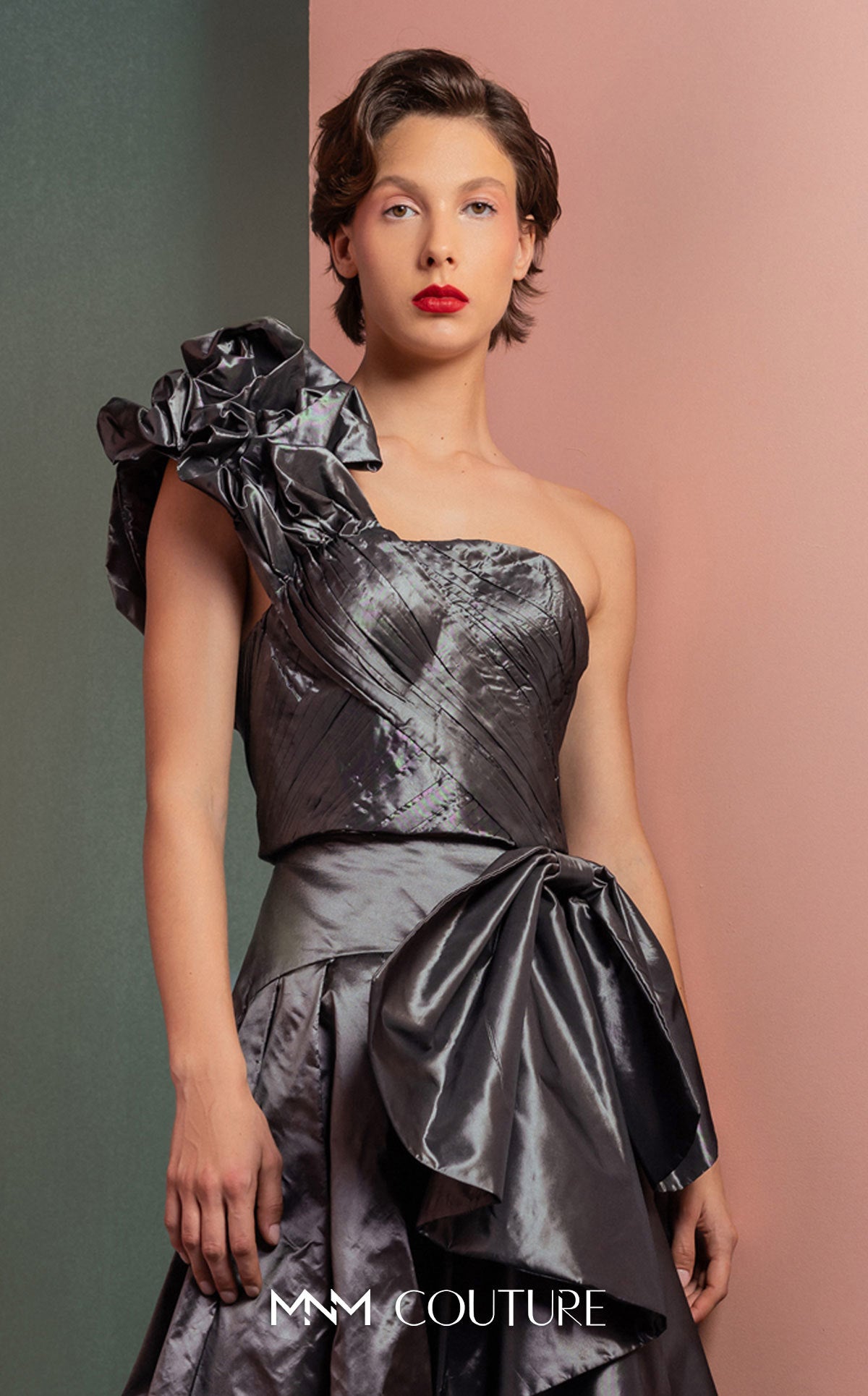 Formal Dresses Two Piece Long Metallic Formal Ruffle Dress MNM Couture GOF2524 Antrasit