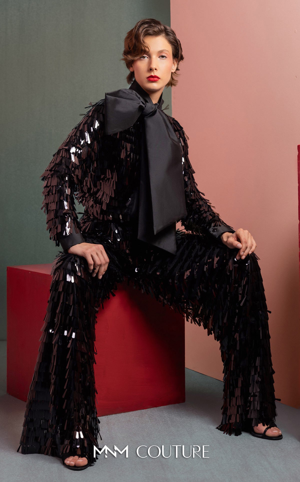 High Neck Sequin Fringe Jumpsuit by MNM Couture GOF2526 in Off White