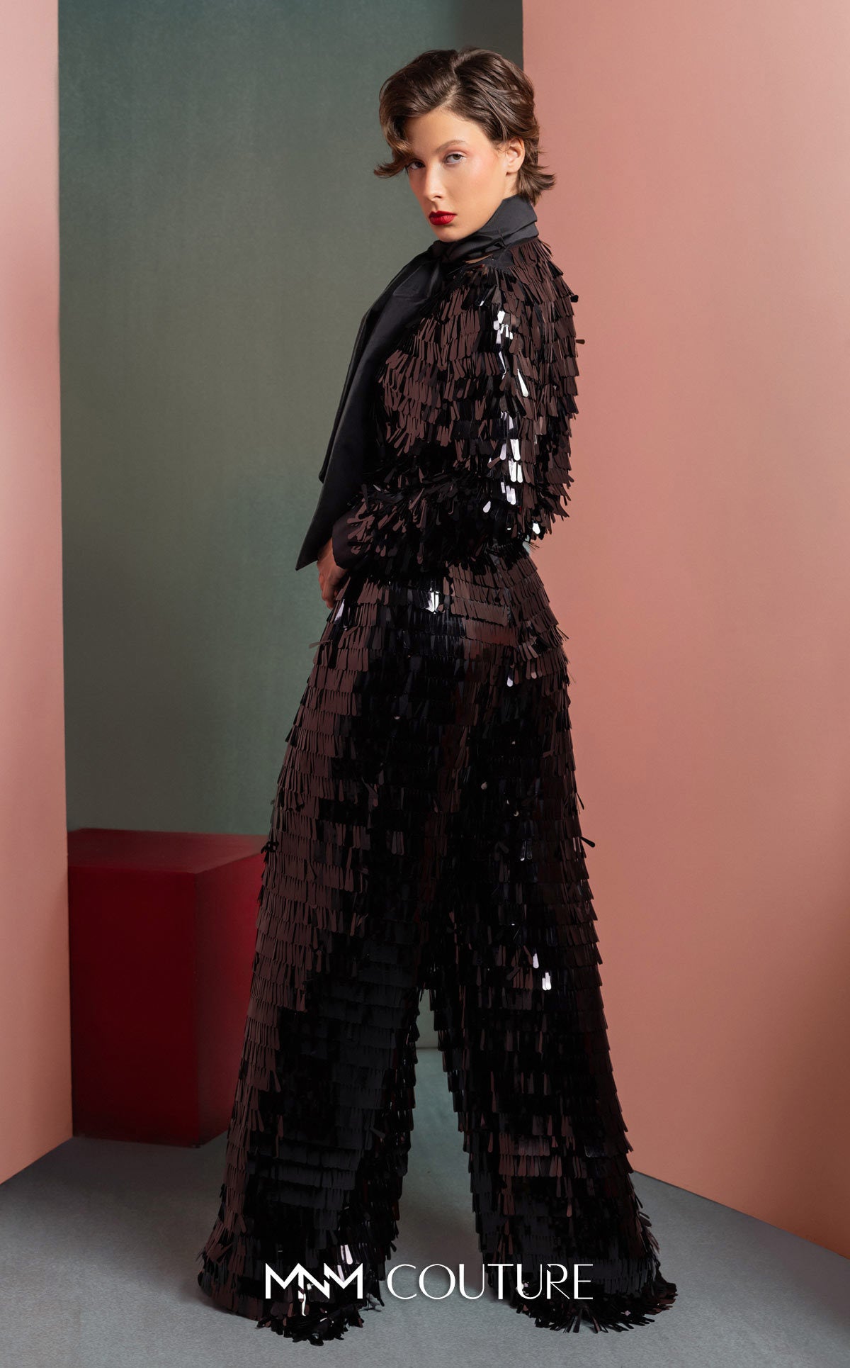 High Neck Sequin Fringe Jumpsuit by MNM Couture GOF2526 in Off White
