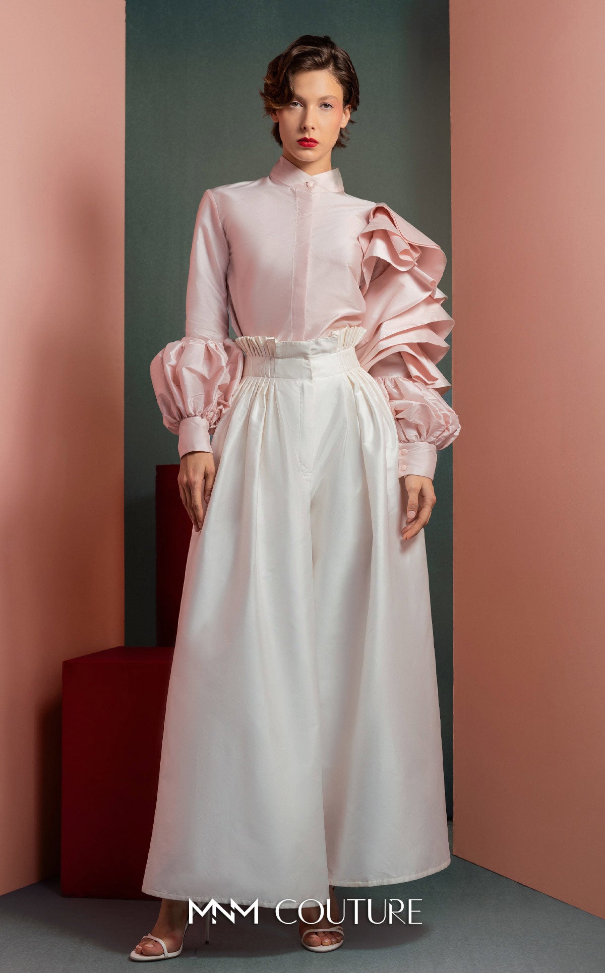 High Neck Long Satin Jumpsuit by MNM Couture GOF2529 in Pink/Off White