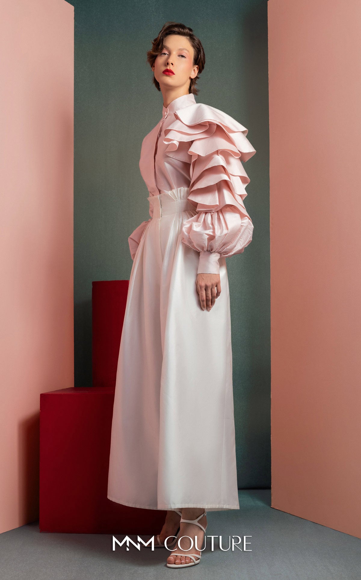 High Neck Long Satin Jumpsuit by MNM Couture GOF2529 in Pink/Off White