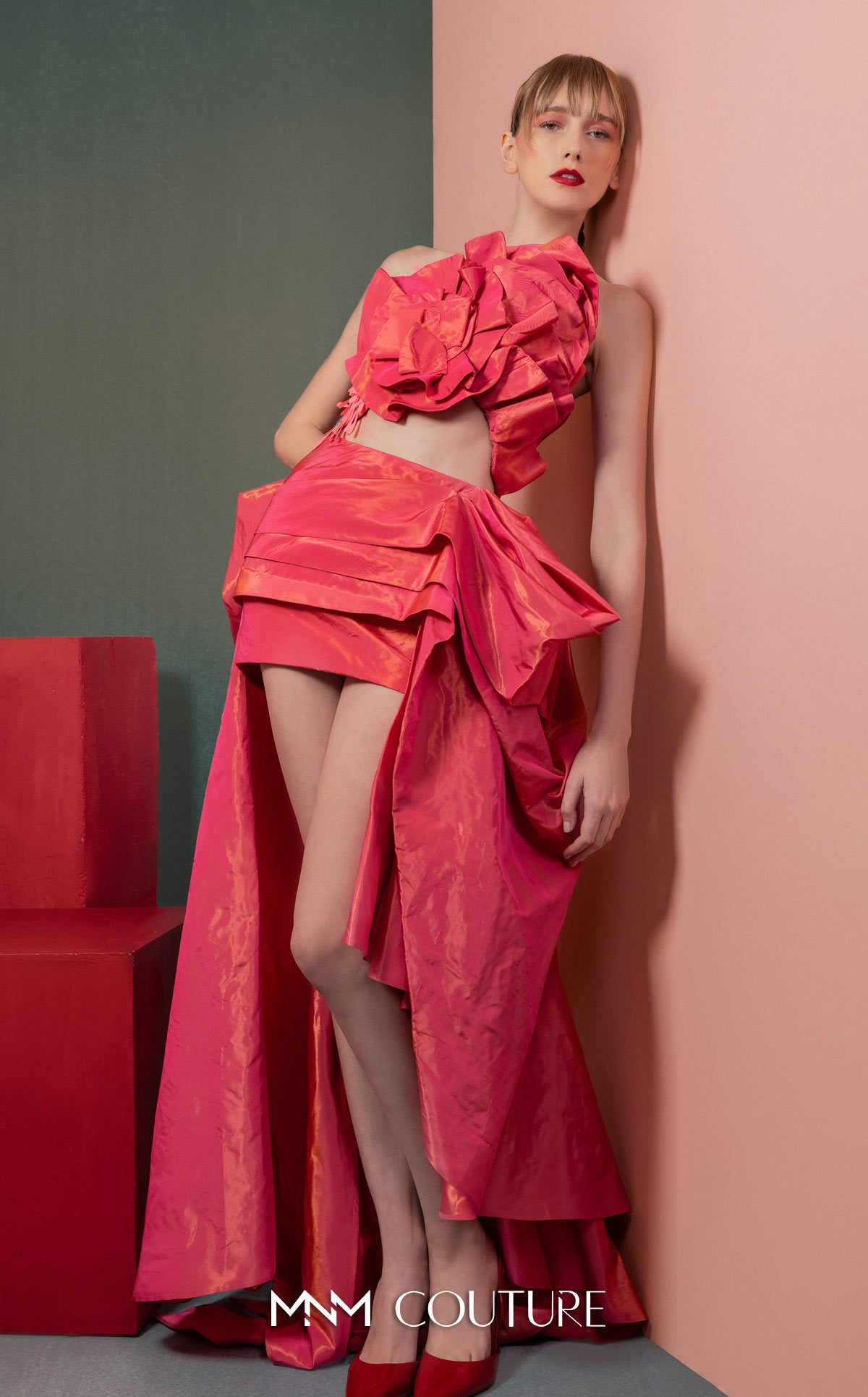 Cocktail Dresses Two Piece High Low Metallic Cocktail Dress MNM Couture GOF2531 Coral
