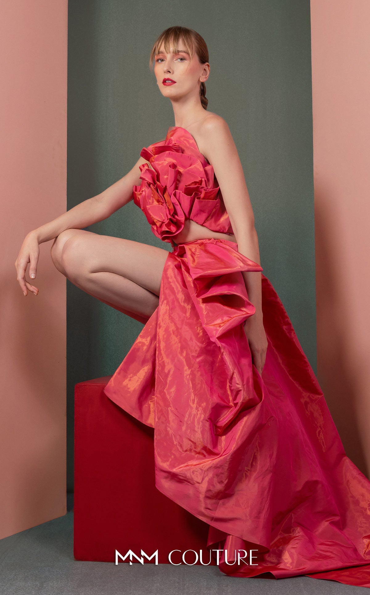 Cocktail Dresses Two Piece High Low Metallic Cocktail Dress MNM Couture GOF2531 Coral