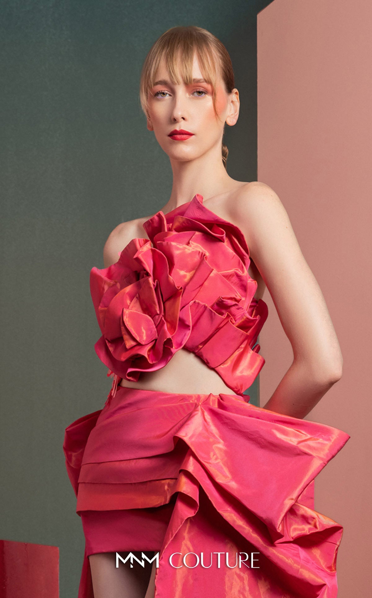 Cocktail Dresses Two Piece High Low Metallic Cocktail Dress MNM Couture GOF2531 Coral