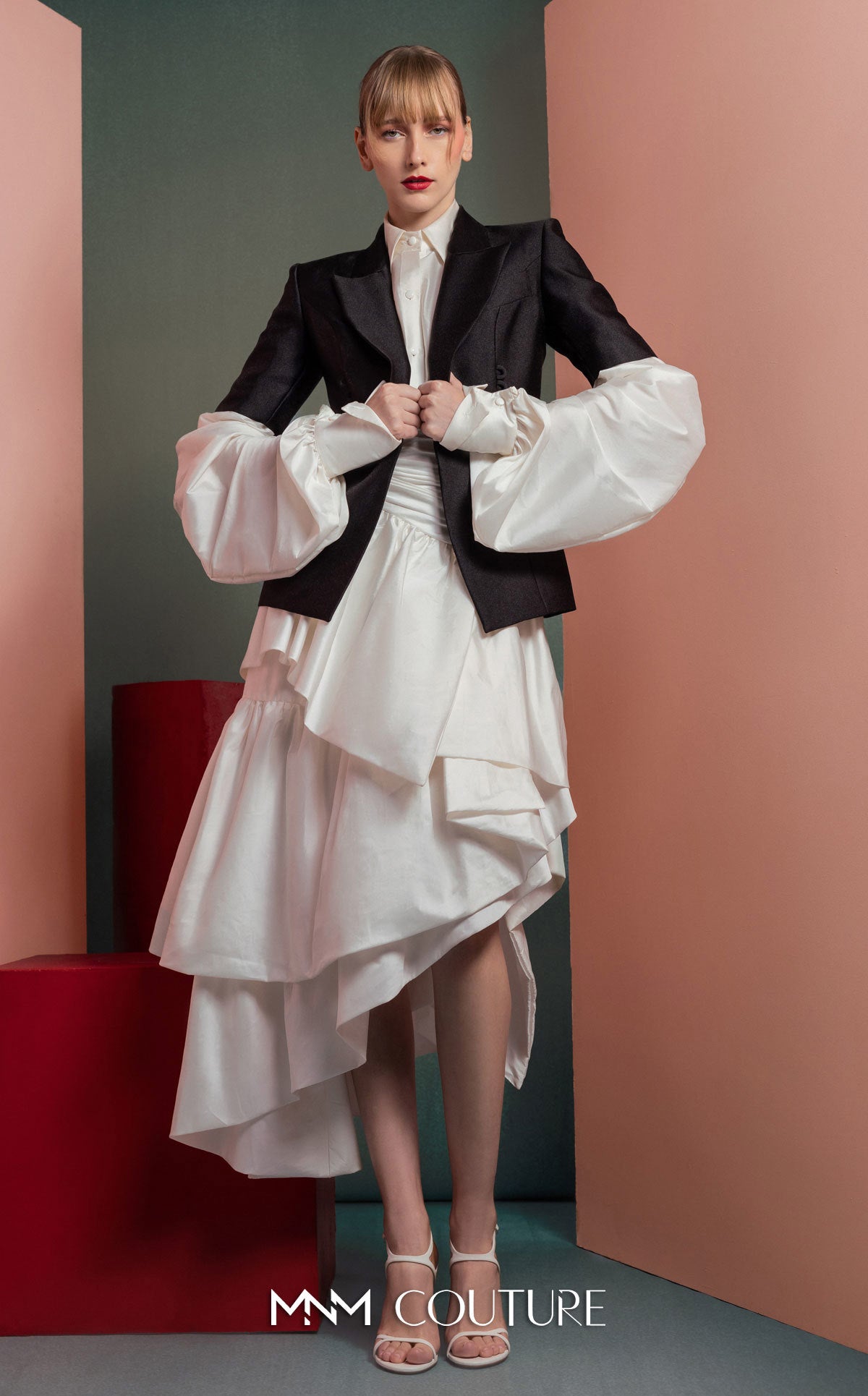 Collared Midi Layered Cocktail Dress by MNM Couture GOF2532 in Black/White