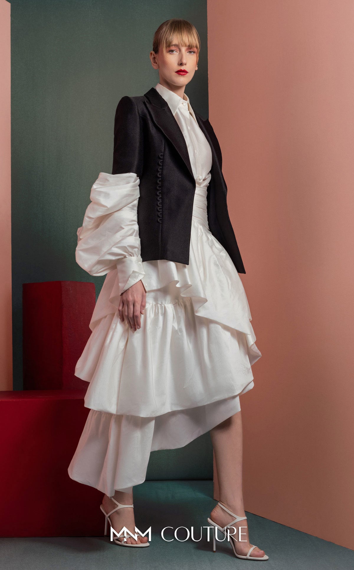 Collared Midi Layered Cocktail Dress by MNM Couture GOF2532 in Black/White