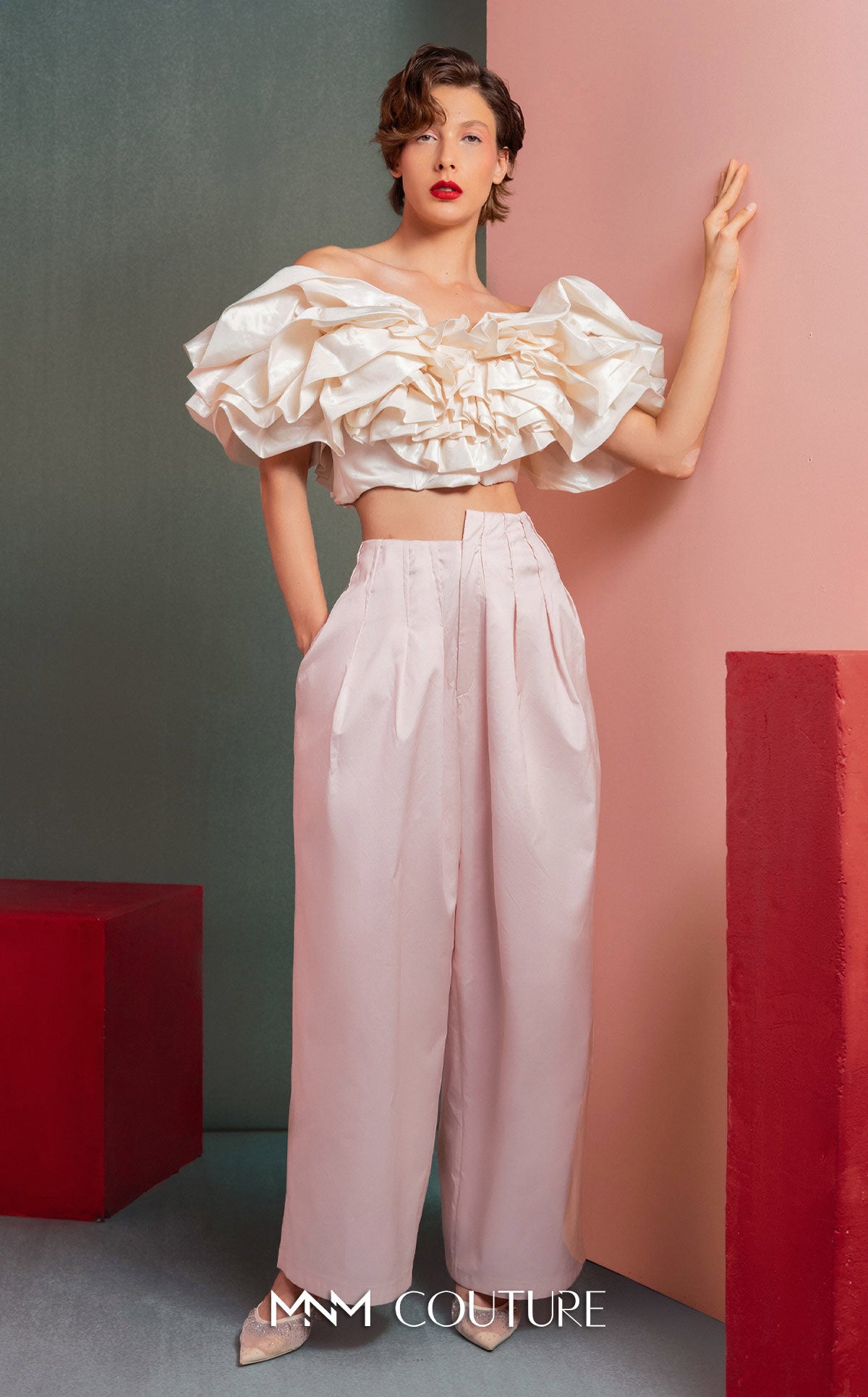 Off-Shoulder Cropped Satin Pant Suit by MNM Couture GOF2538 in Pink/Off White
