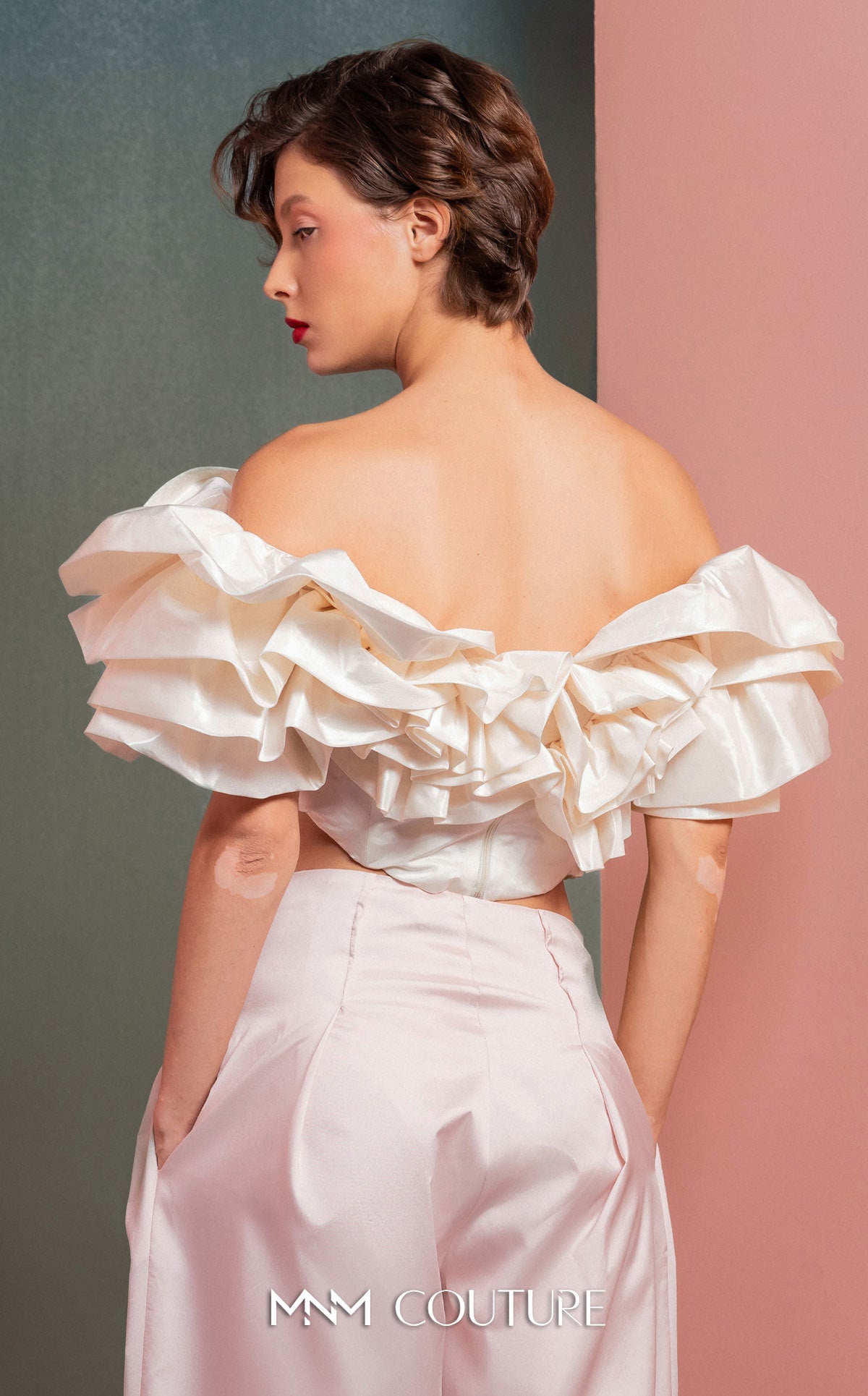 Off-Shoulder Cropped Satin Pant Suit by MNM Couture GOF2538 in Pink/Off White