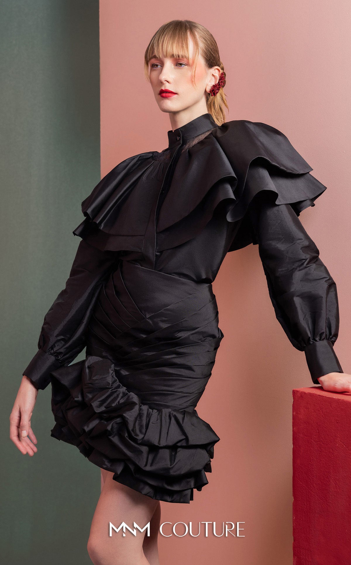 High Neck Short Satin Cocktail Dress by MNM Couture GOF2539 in Black