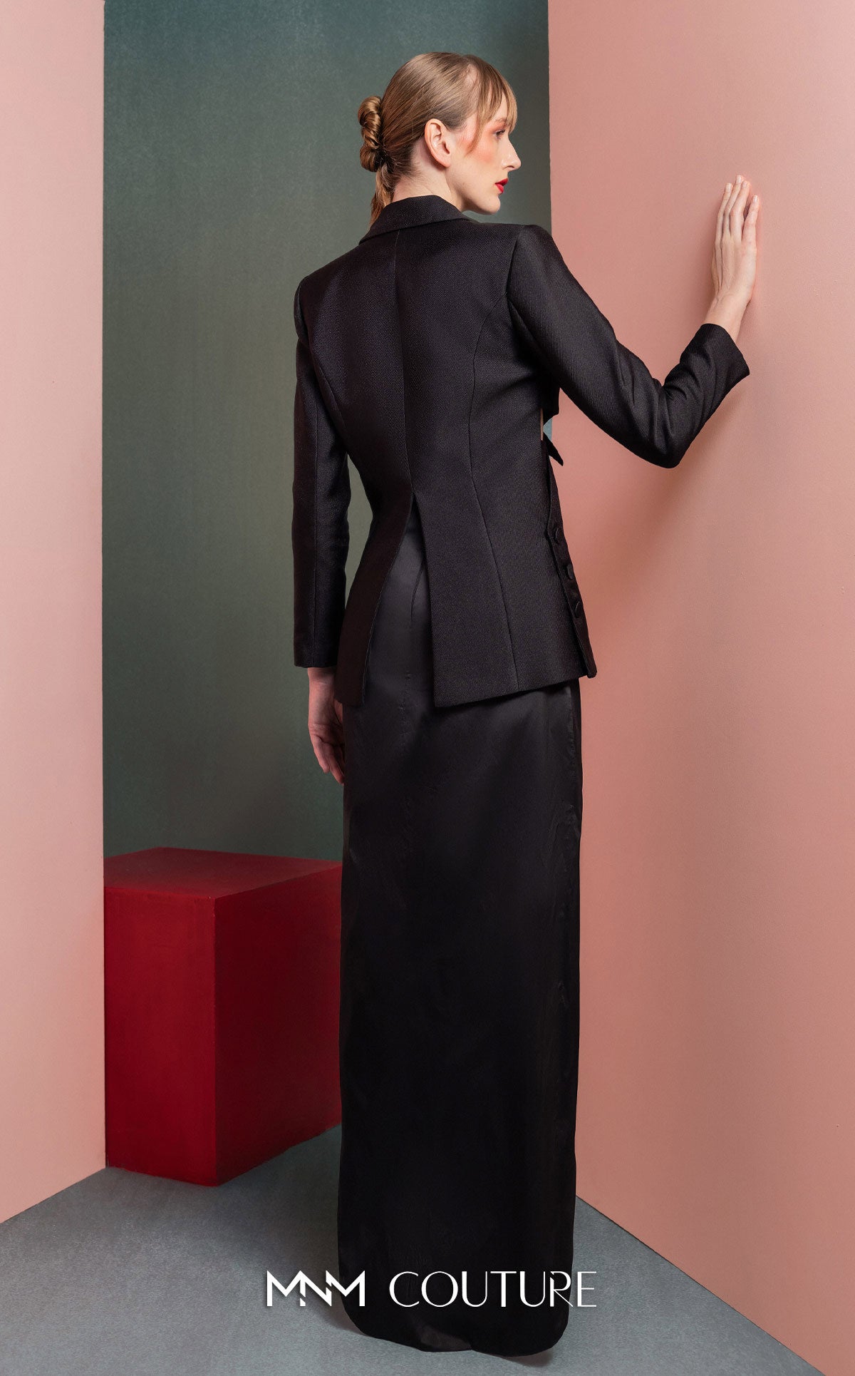 Double-Breasted Jacket High-Slit Satin Gown by MNM Couture GOF2542 in Black