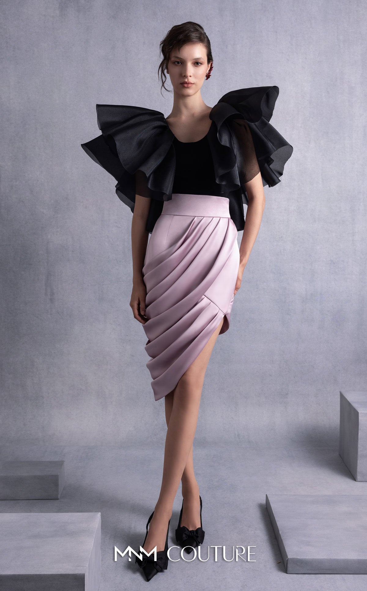 Scoop Neck Short Organza Cocktail Dress by MNM Couture GOS2503 in Black/Pink
