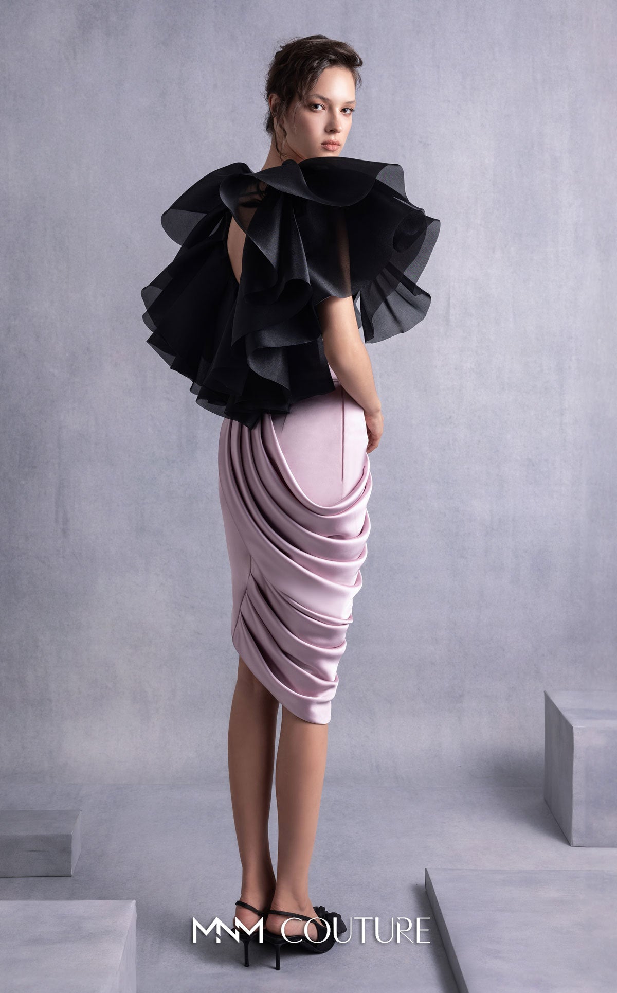 Scoop Neck Short Organza Cocktail Dress by MNM Couture GOS2503 in Black/Pink