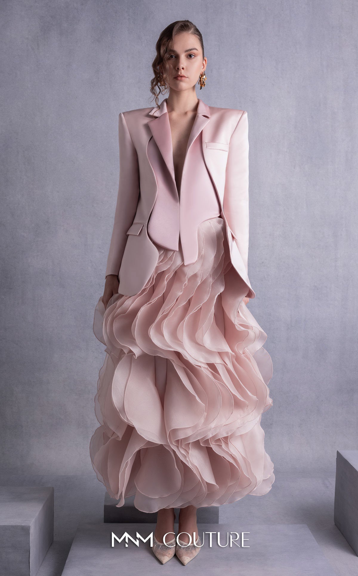 Notched Collar Midi Chiffon Mother of the Bride Dress by MNM Couture GOS2504 in Pink