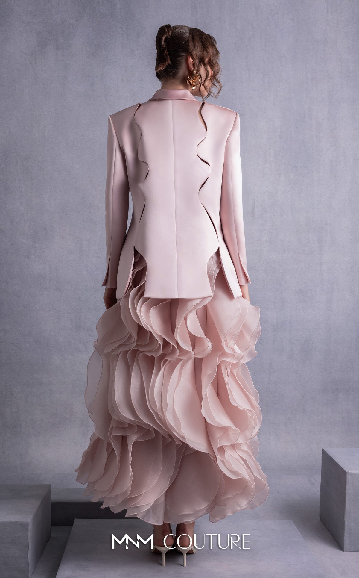 Notched Collar Midi Chiffon Mother of the Bride Dress by MNM Couture GOS2504 in Pink