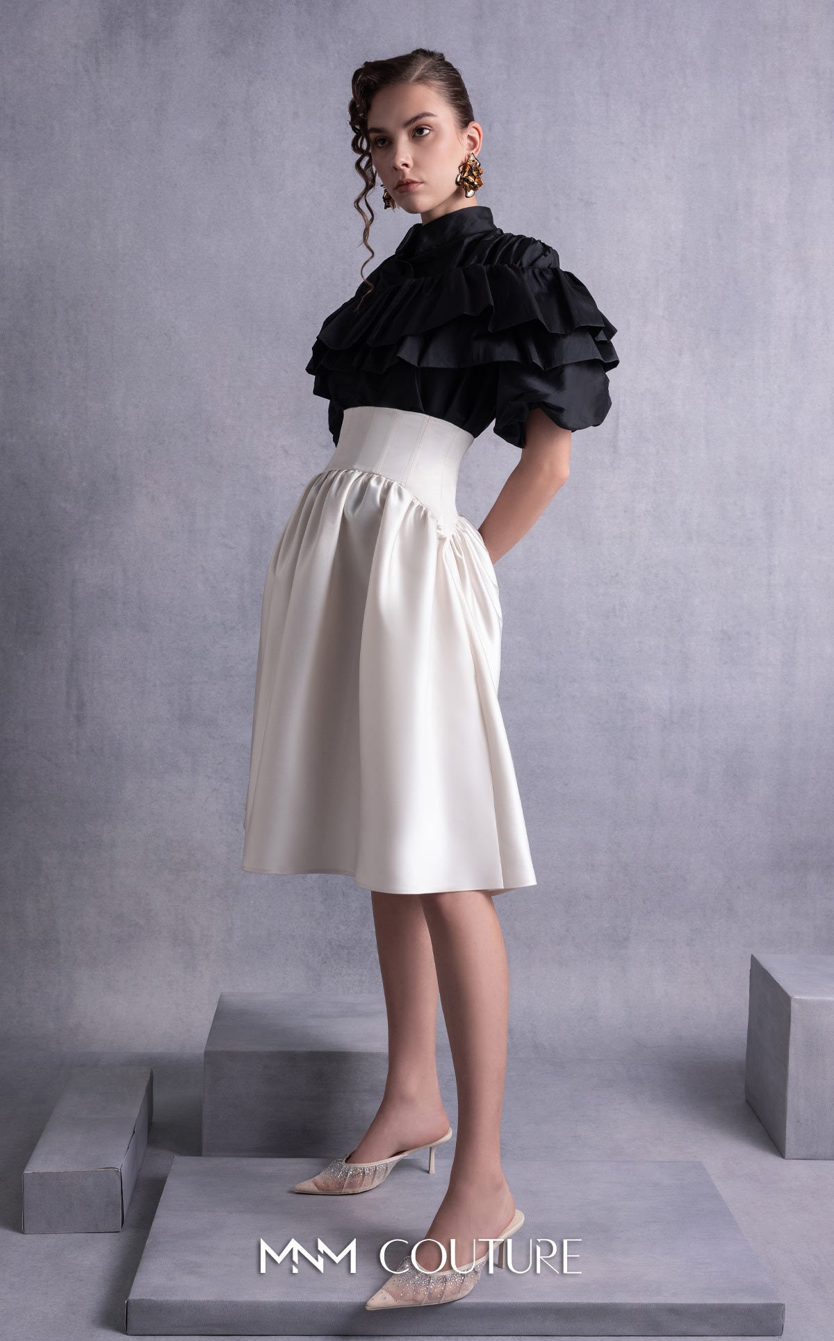High Neck Short Ruffled Cocktail Dress by MNM Couture GOS2506 in Black/Gold