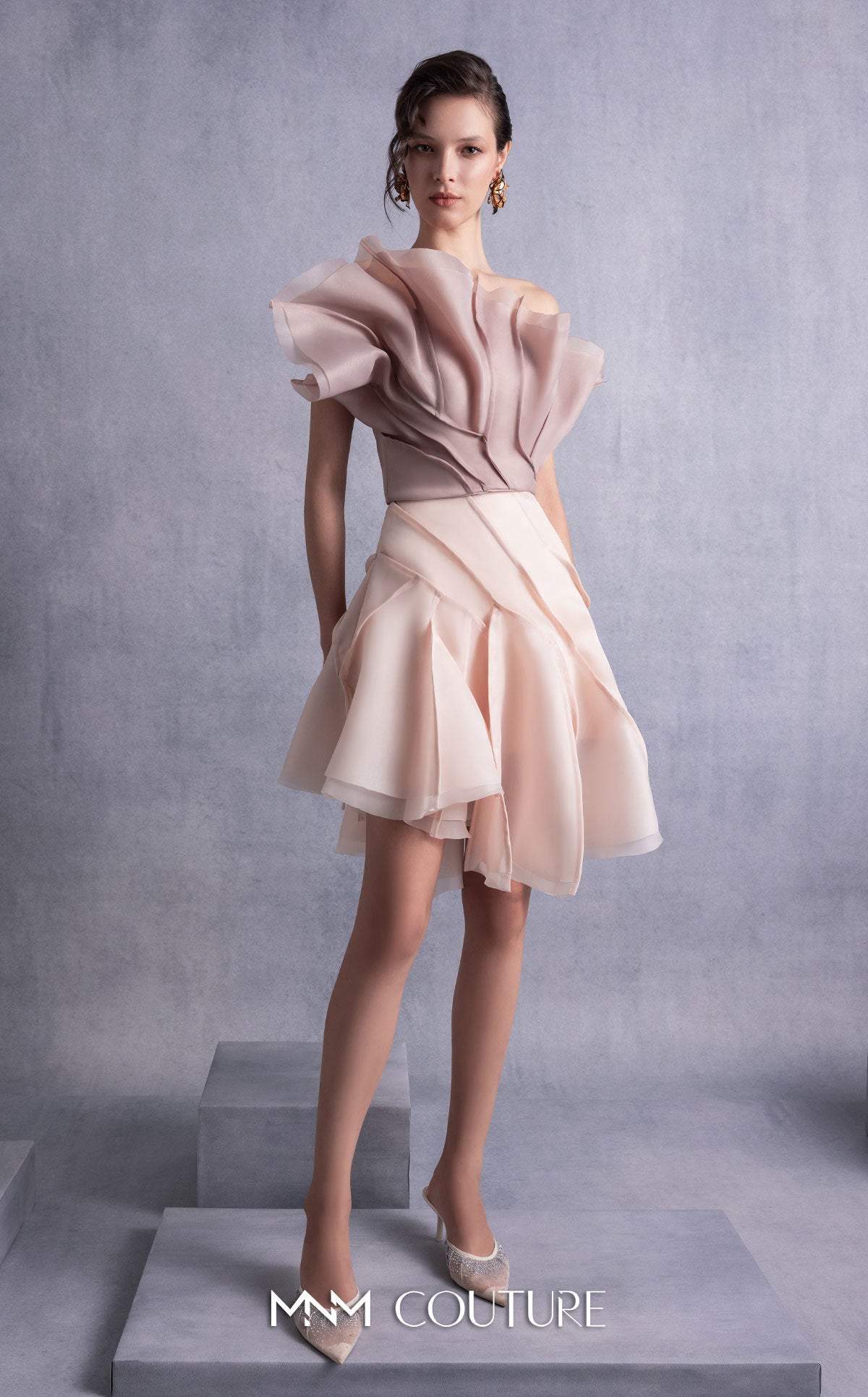 Asymmetric Short Organza Cocktail Dress by MNM Couture GOS2514 in Nude