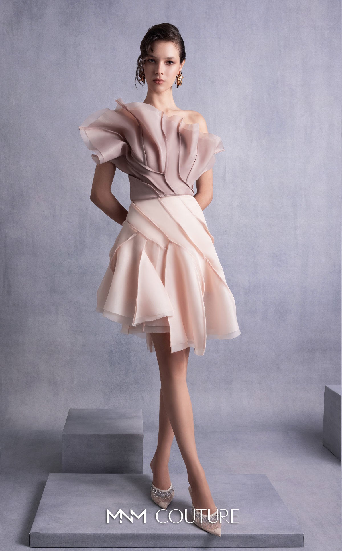 Asymmetric Short Organza Cocktail Dress by MNM Couture GOS2514 in Nude
