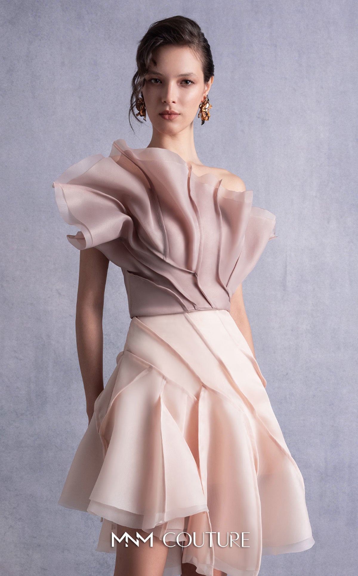 Asymmetric Short Organza Cocktail Dress by MNM Couture GOS2514 in Nude