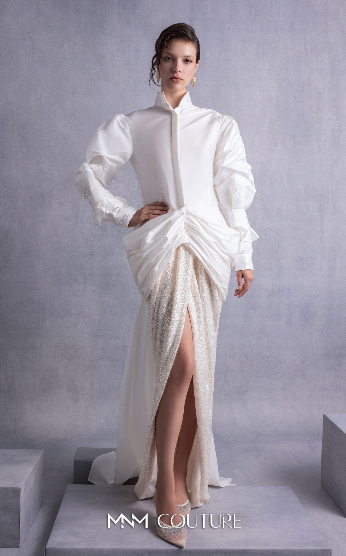High Neck Long Satin Formal Dress by MNM Couture GOS2516 in Off White