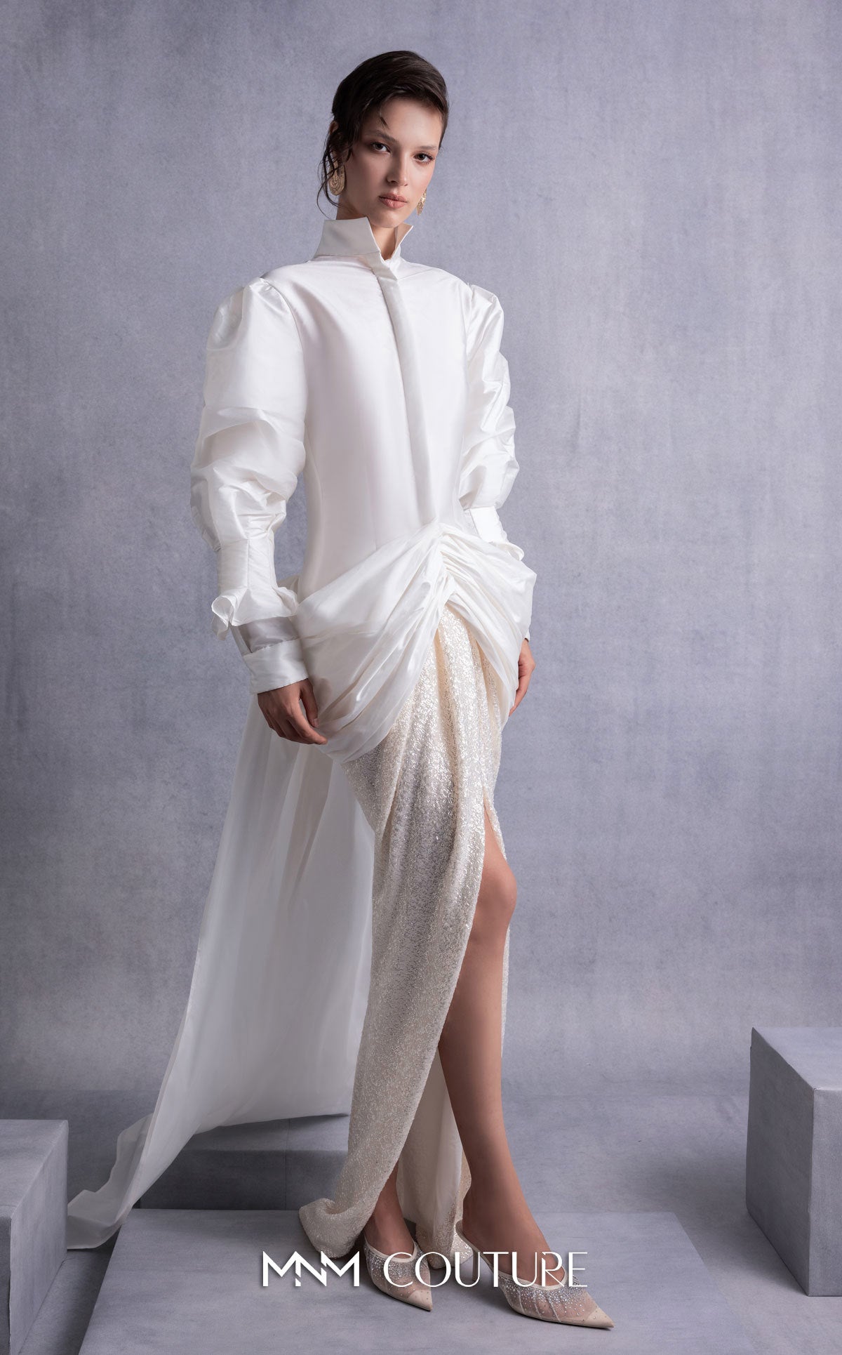 High Neck Long Satin Formal Dress by MNM Couture GOS2516 in Off White