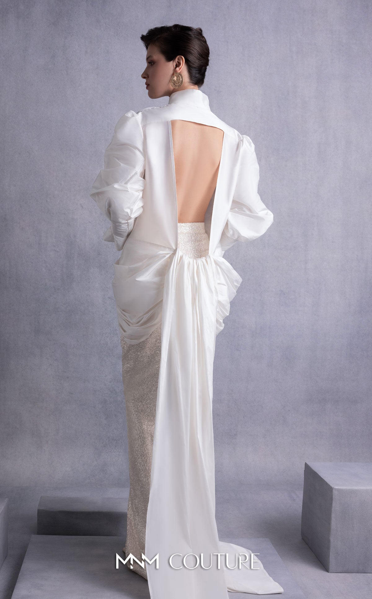 High Neck Long Satin Formal Dress by MNM Couture GOS2516 in Off White