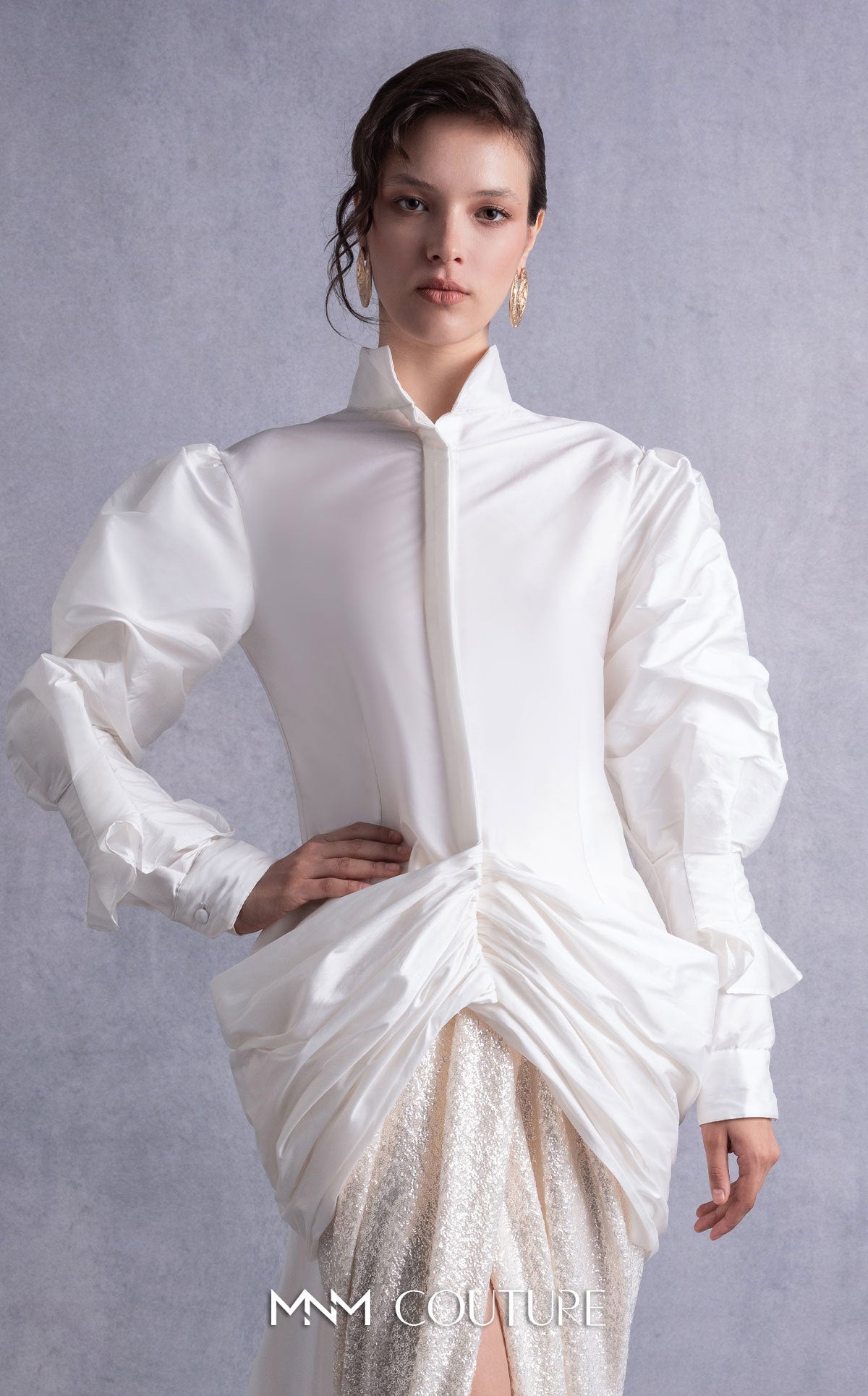 High Neck Long Satin Formal Dress by MNM Couture GOS2516 in Off White