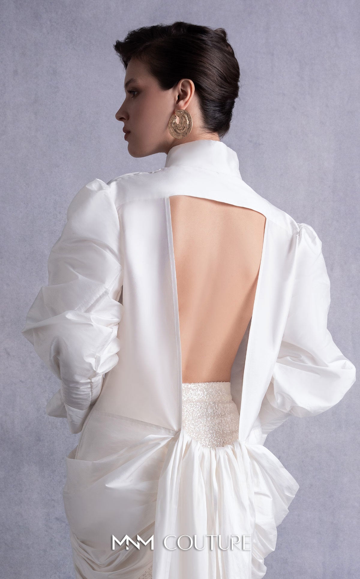 High Neck Long Satin Formal Dress by MNM Couture GOS2516 in Off White