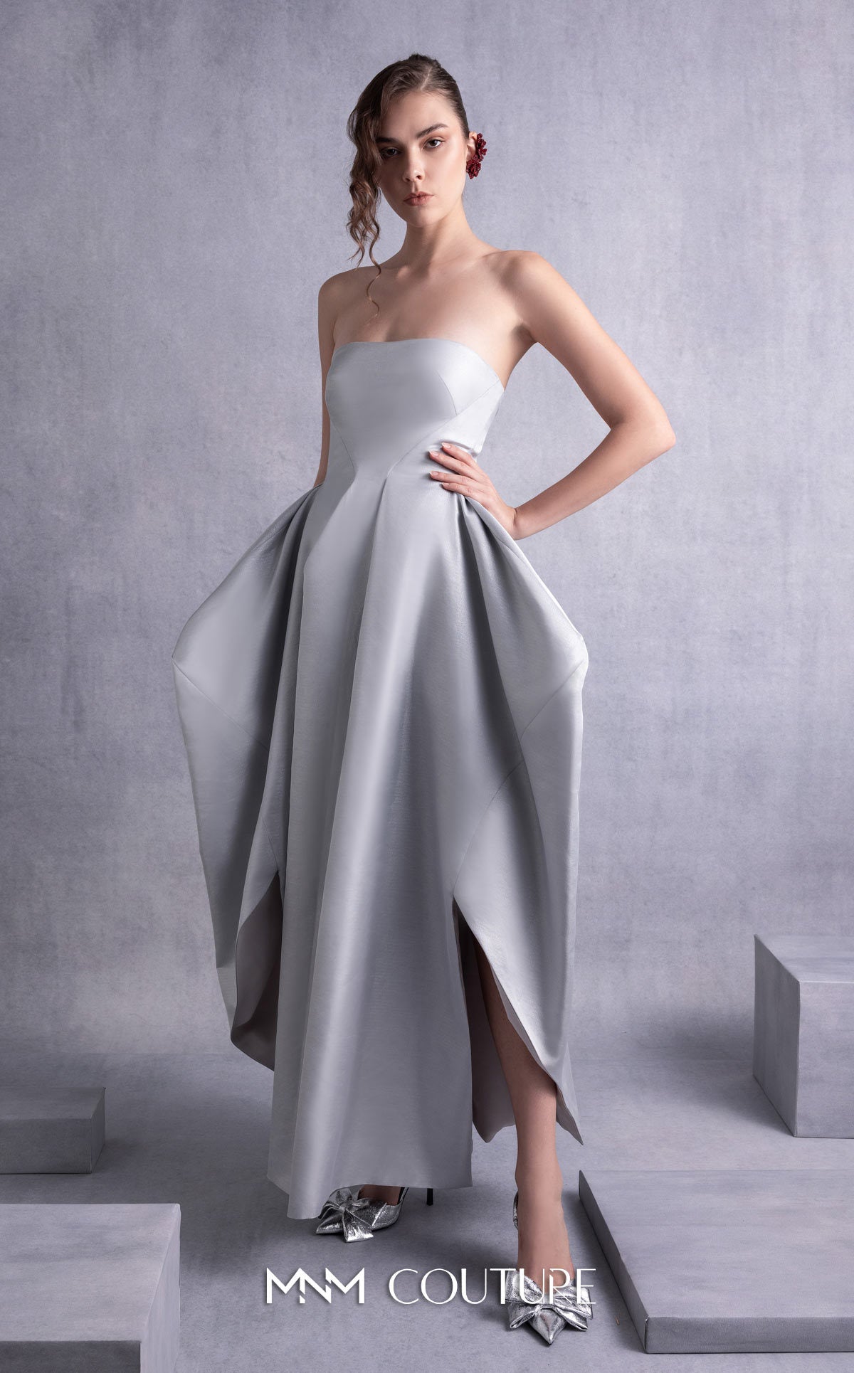 Cocktail Dresses Tea Length Cocktail A Line Dress MNM Couture GOS2521 Silver