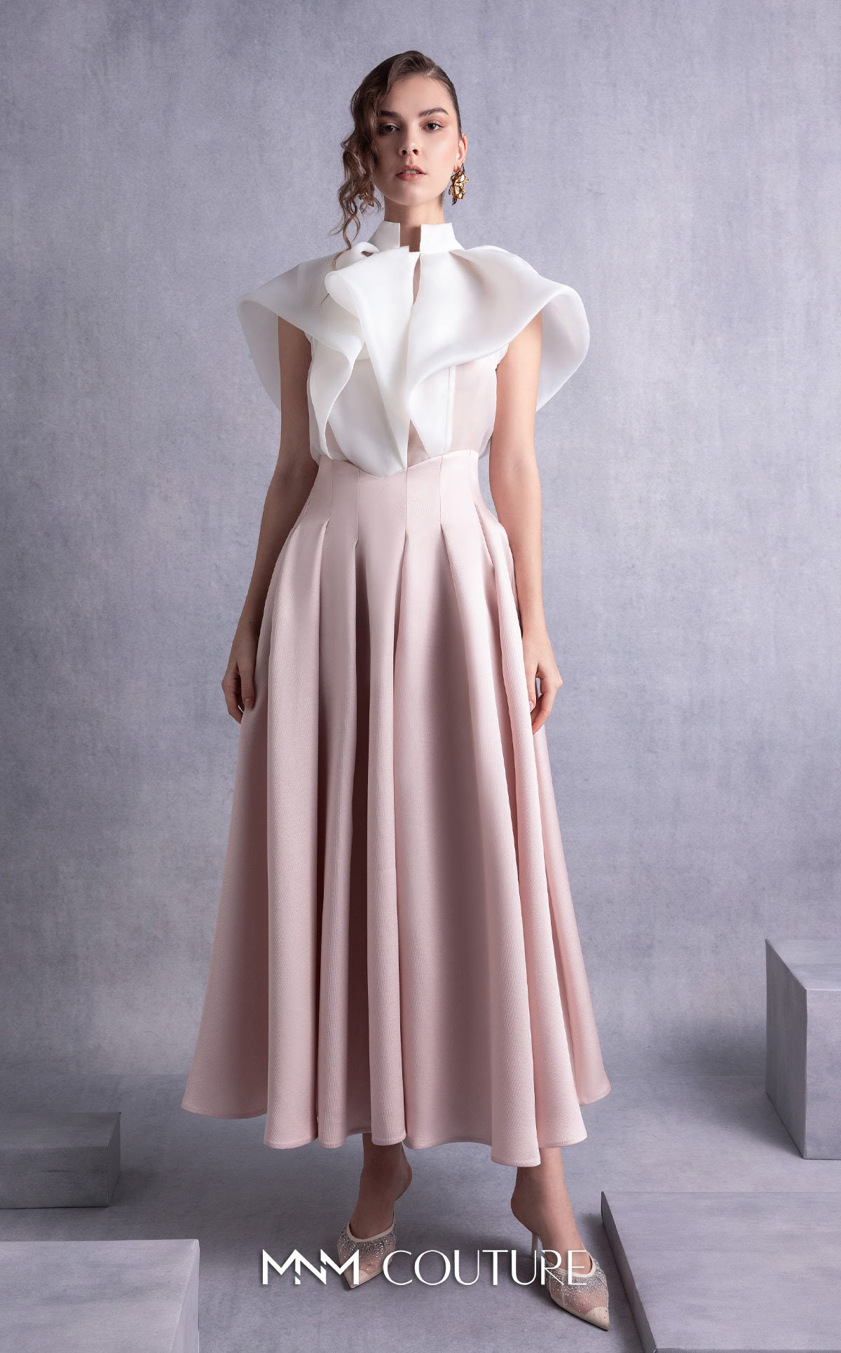 High Neck Ankle Length Satin Cocktail Dress by MNM Couture GOS2524 in White Pink