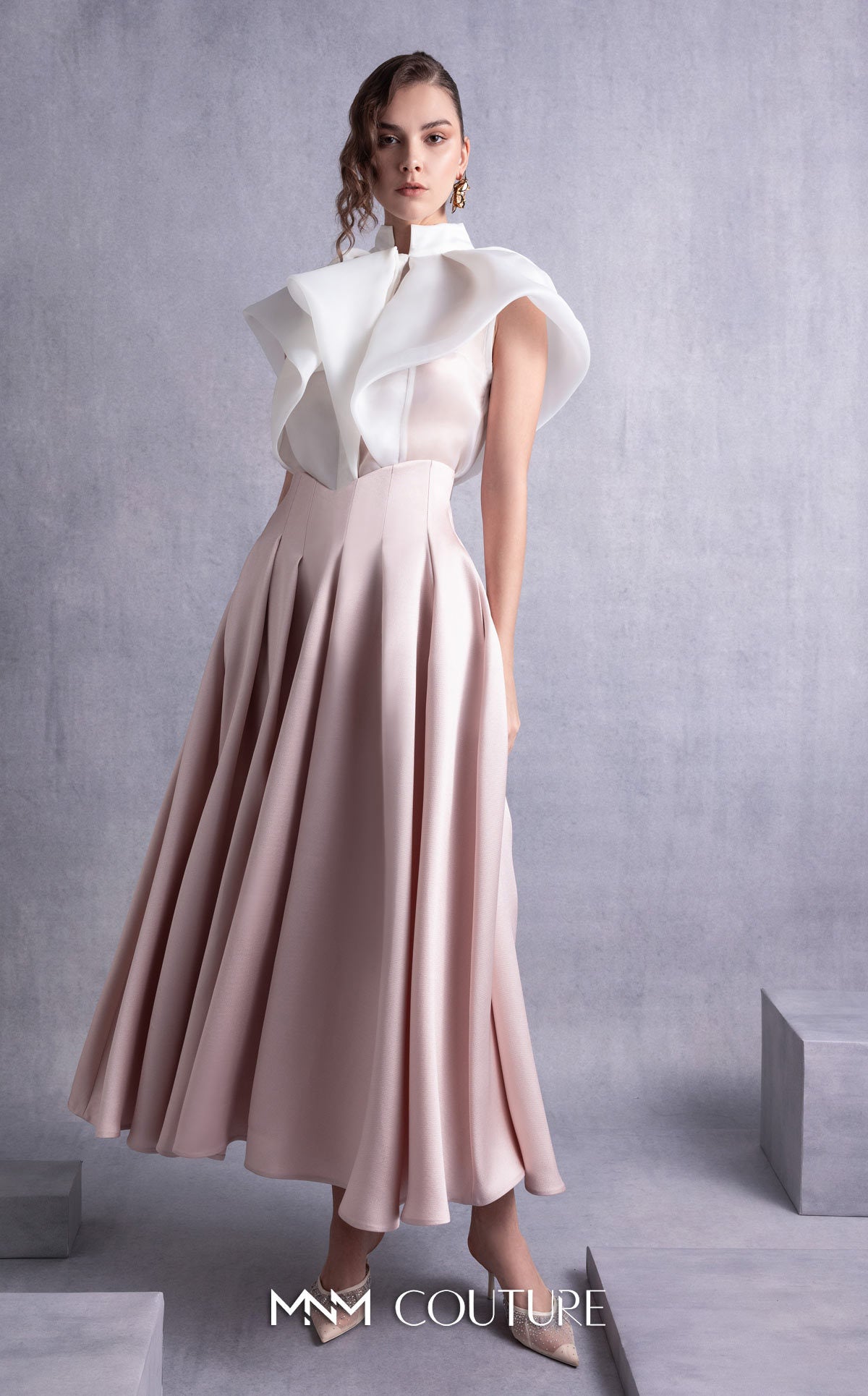 High Neck Ankle Length Satin Cocktail Dress by MNM Couture GOS2524 in White Pink