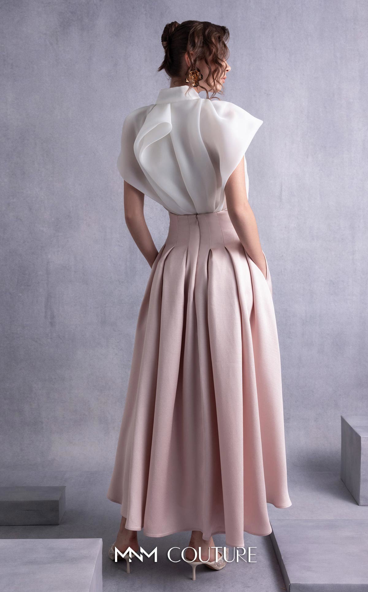 High Neck Ankle Length Satin Cocktail Dress by MNM Couture GOS2524 in White Pink