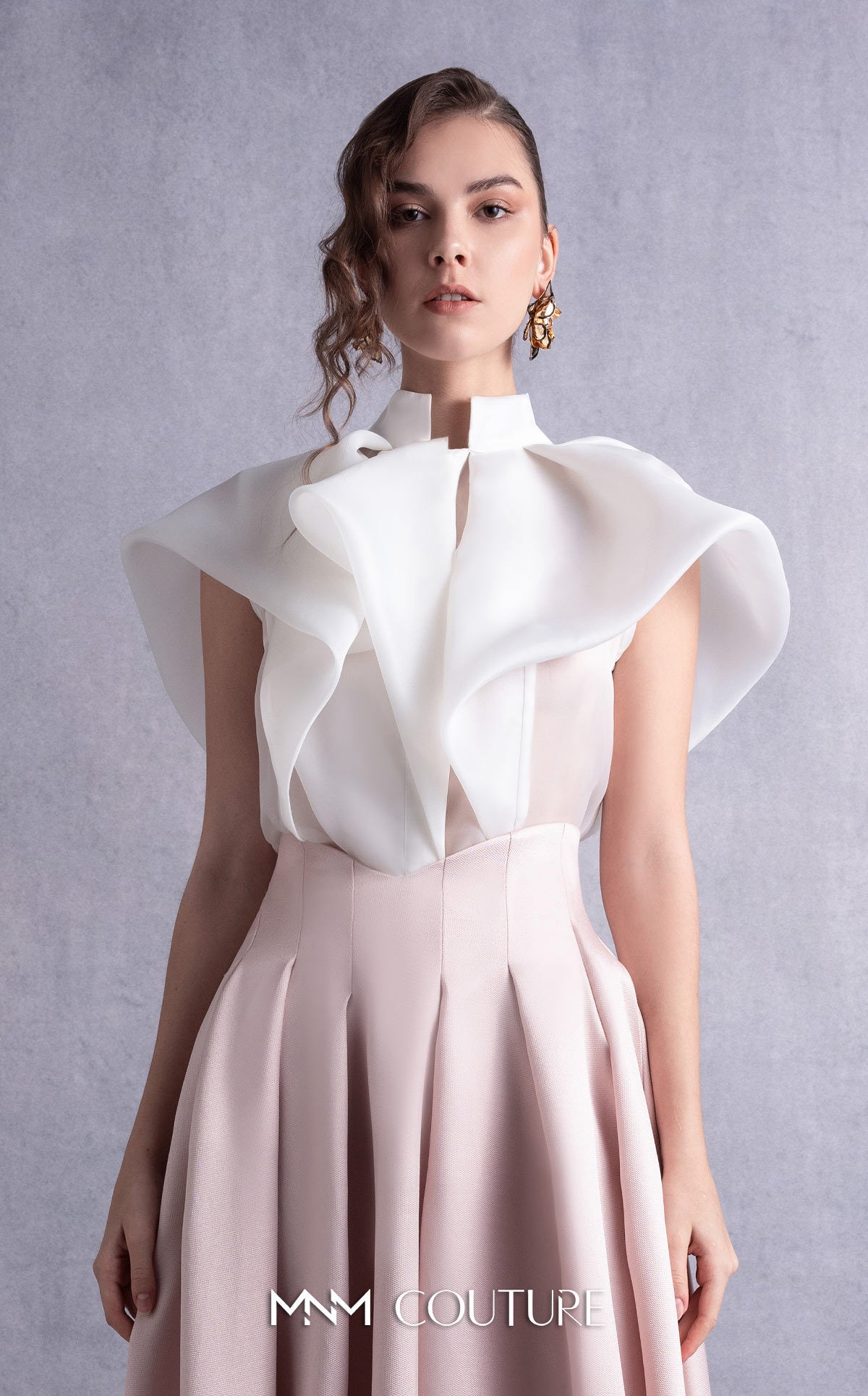 High Neck Ankle Length Satin Cocktail Dress by MNM Couture GOS2524 in White Pink