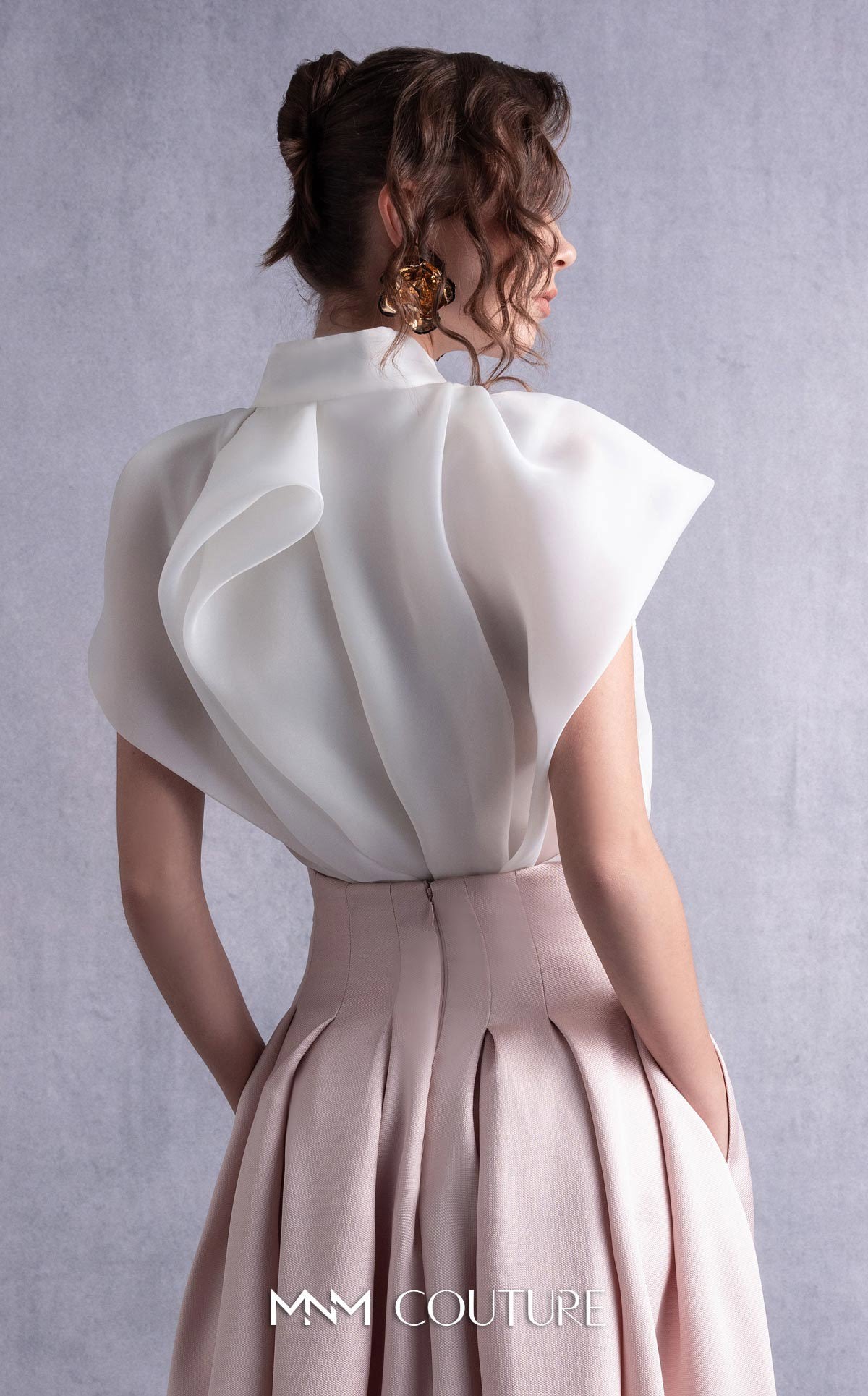 High Neck Ankle Length Satin Cocktail Dress by MNM Couture GOS2524 in White Pink