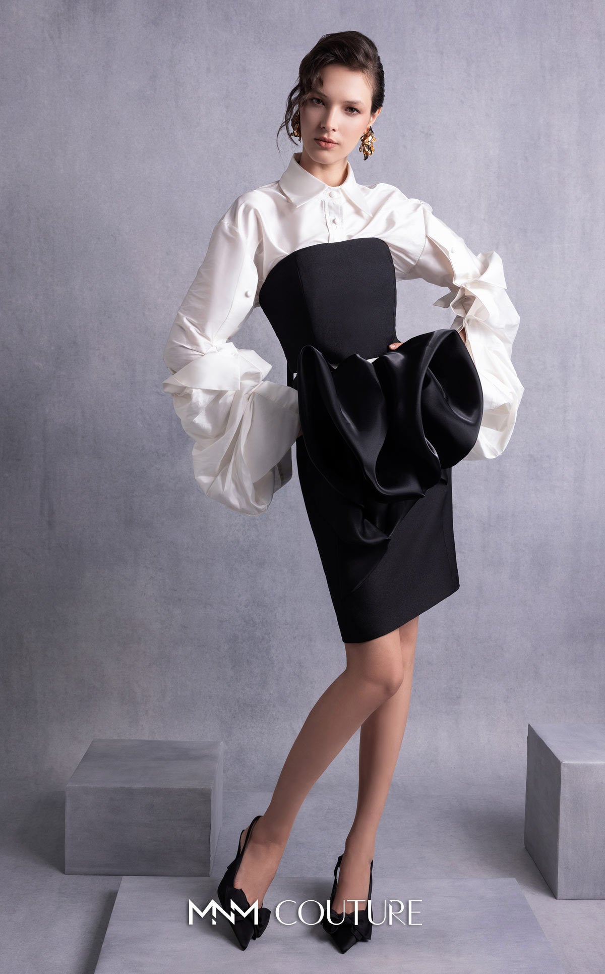 Collared Short Satin Cocktail Dress by MNM Couture GOS2526 in Black/White